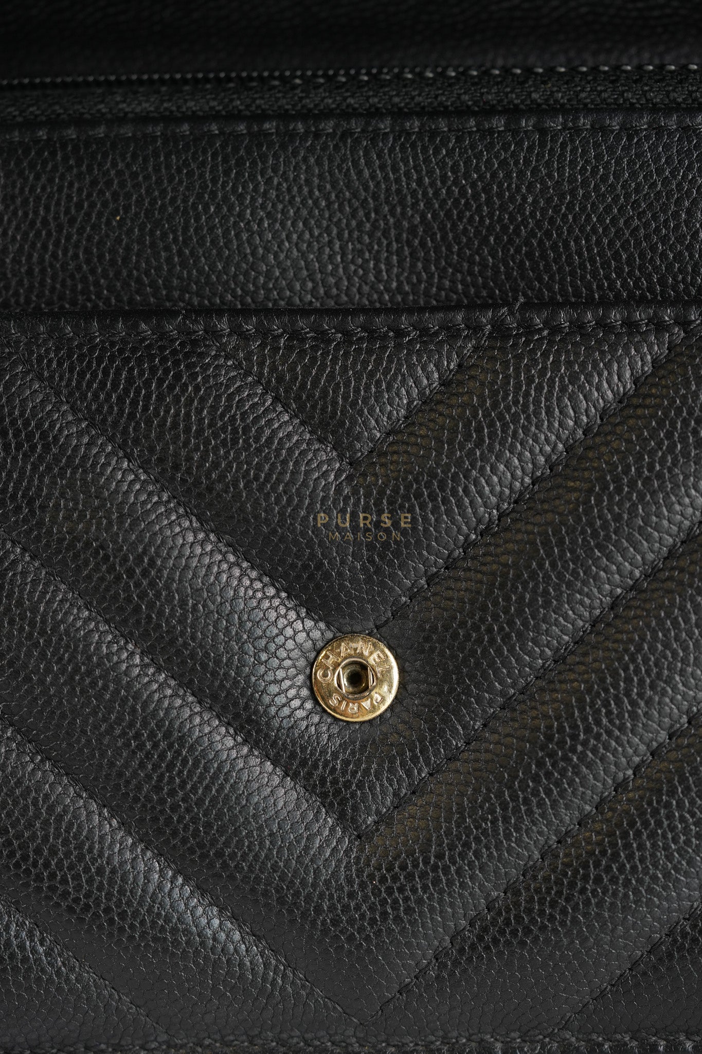Wallet On Chain (WOC) in Black Caviar Chevron Leather and Gold Hardware Series 27 | Purse Maison Luxury Bags Shop