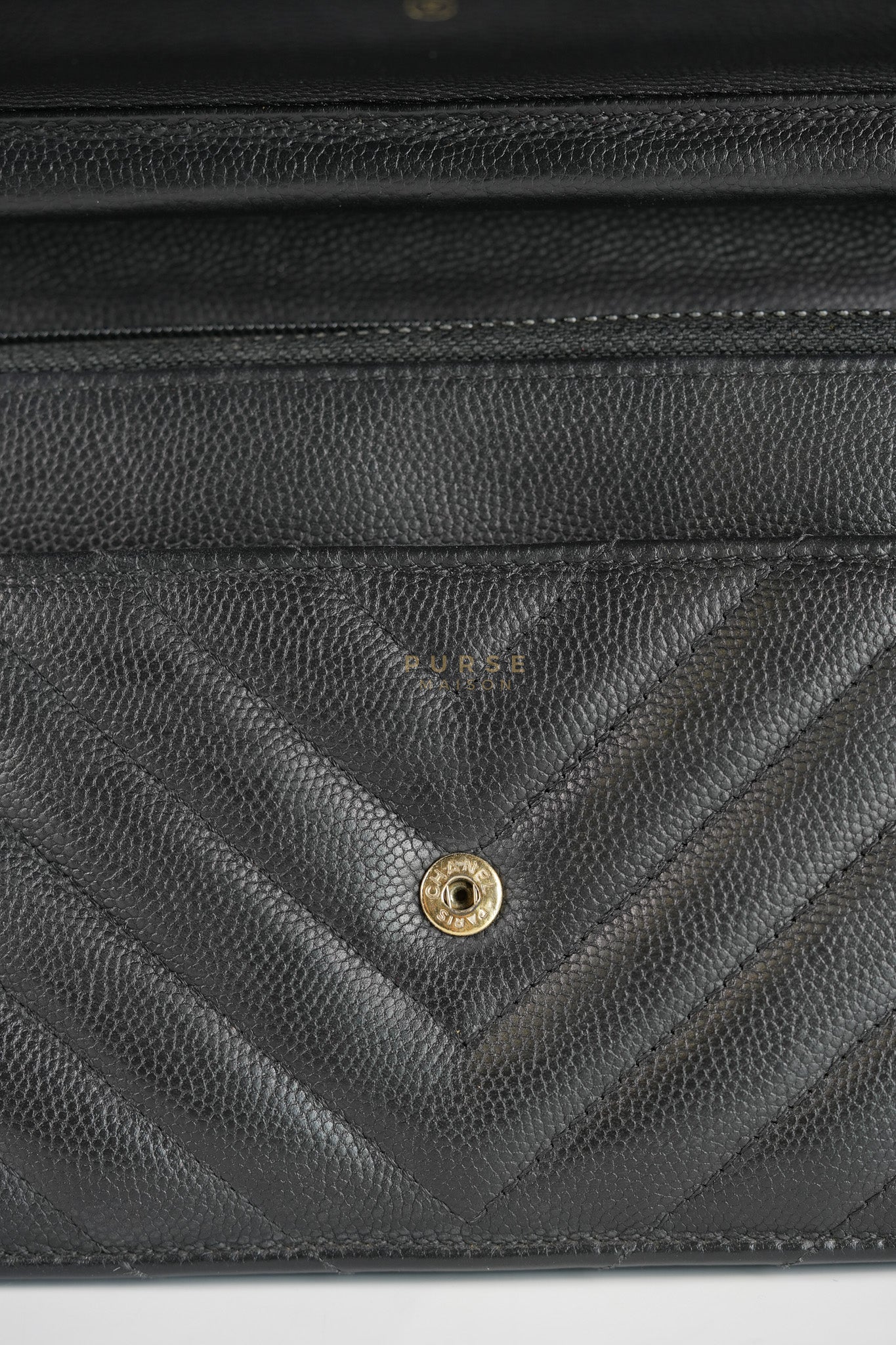 Wallet On Chain (WOC) in Black Caviar Chevron Leather and Gold Hardware Series 27 | Purse Maison Luxury Bags Shop