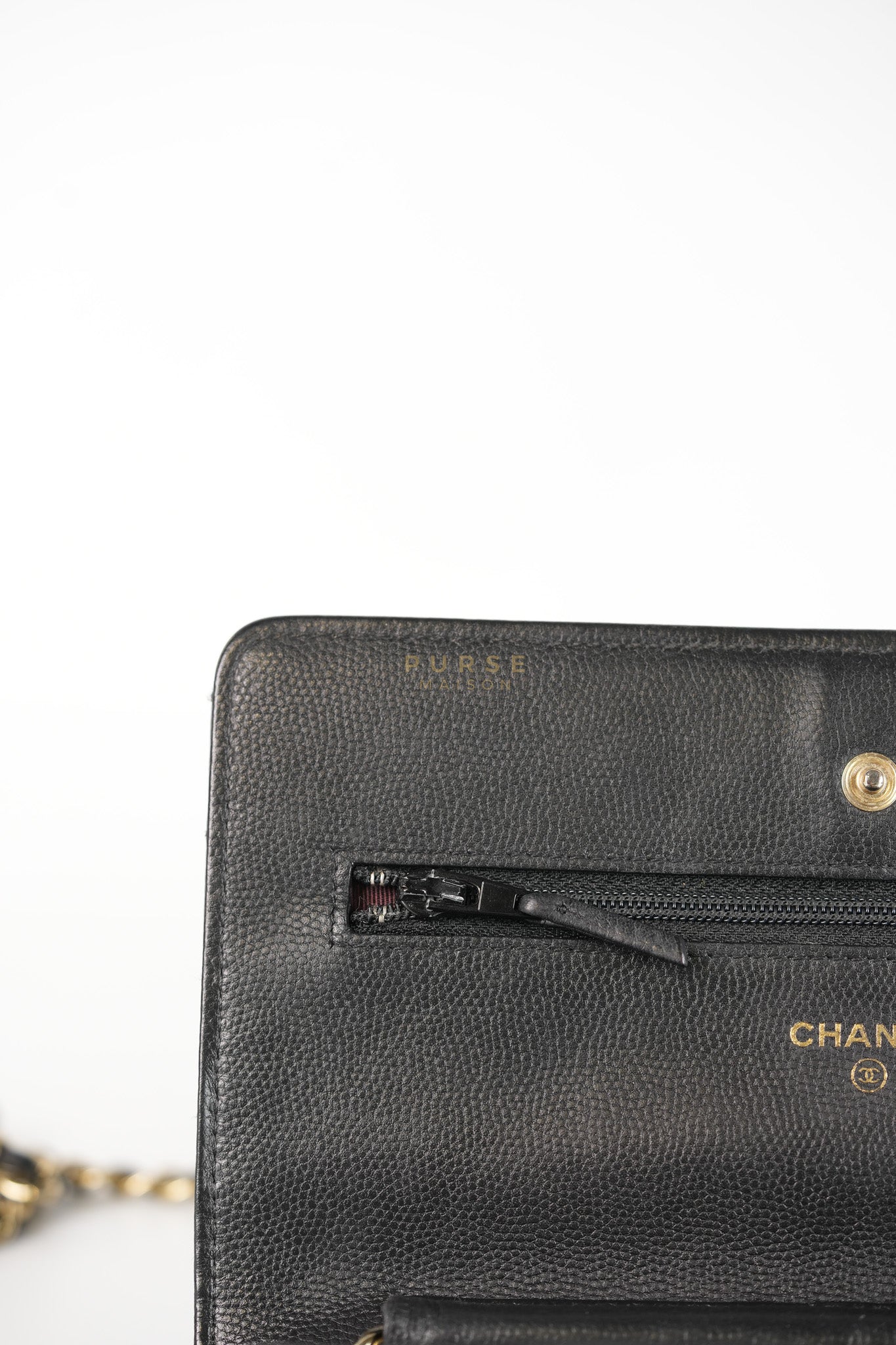 Wallet On Chain (WOC) in Black Caviar Chevron Leather and Gold Hardware Series 27 | Purse Maison Luxury Bags Shop