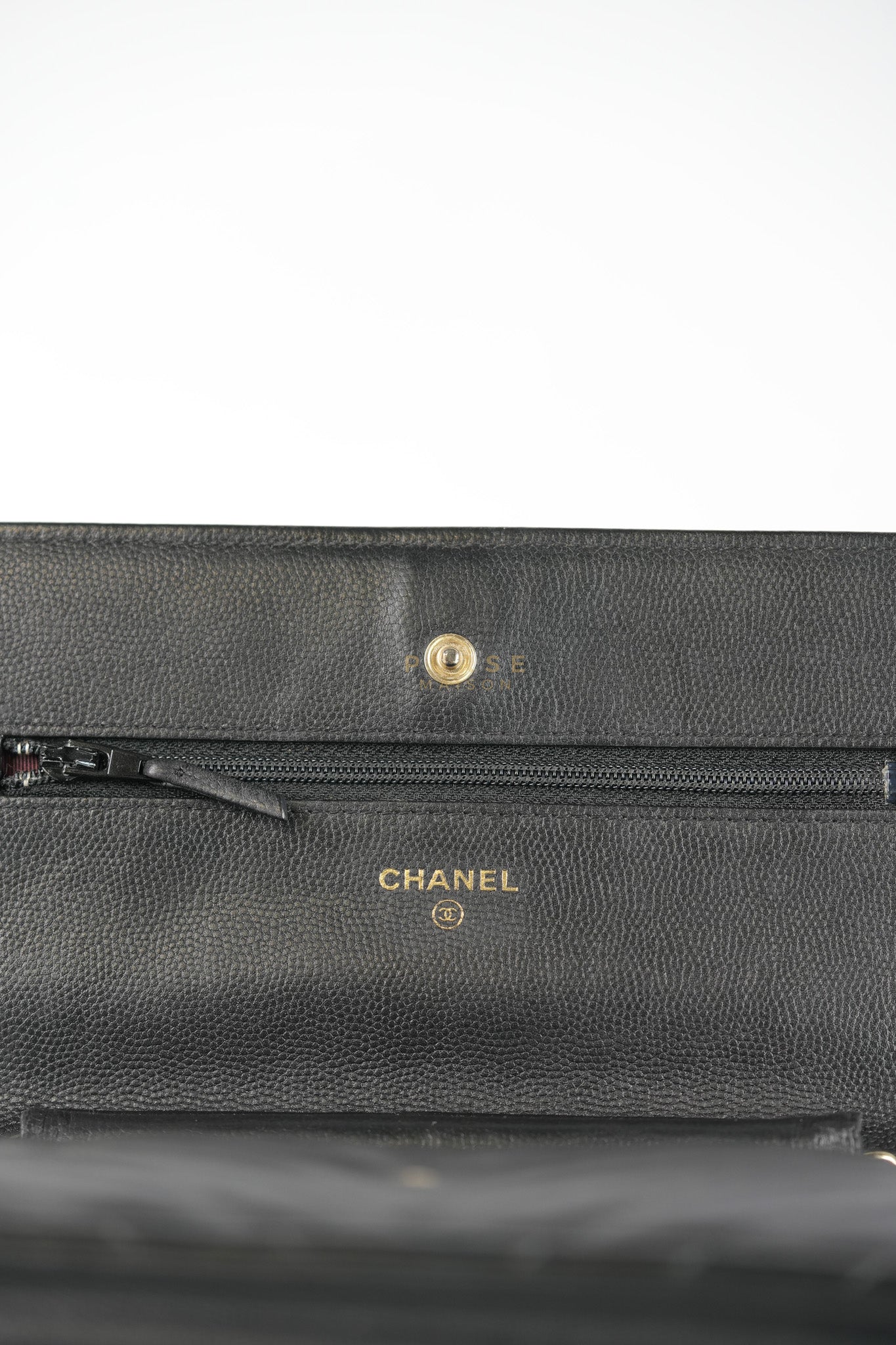 Wallet On Chain (WOC) in Black Caviar Chevron Leather and Gold Hardware Series 27 | Purse Maison Luxury Bags Shop