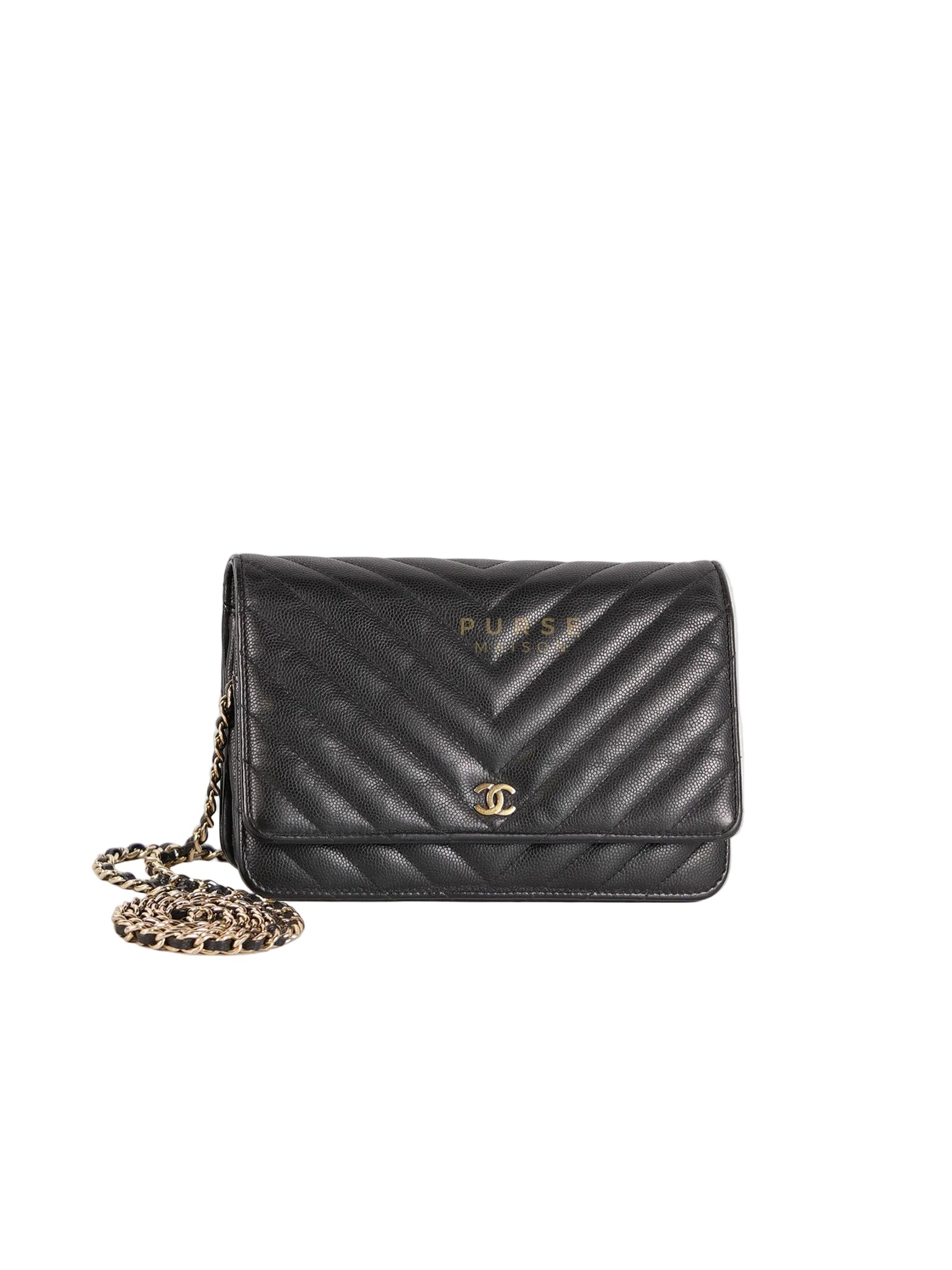 Wallet On Chain (WOC) in Black Caviar Chevron Leather and Gold Hardware Series 27 | Purse Maison Luxury Bags Shop
