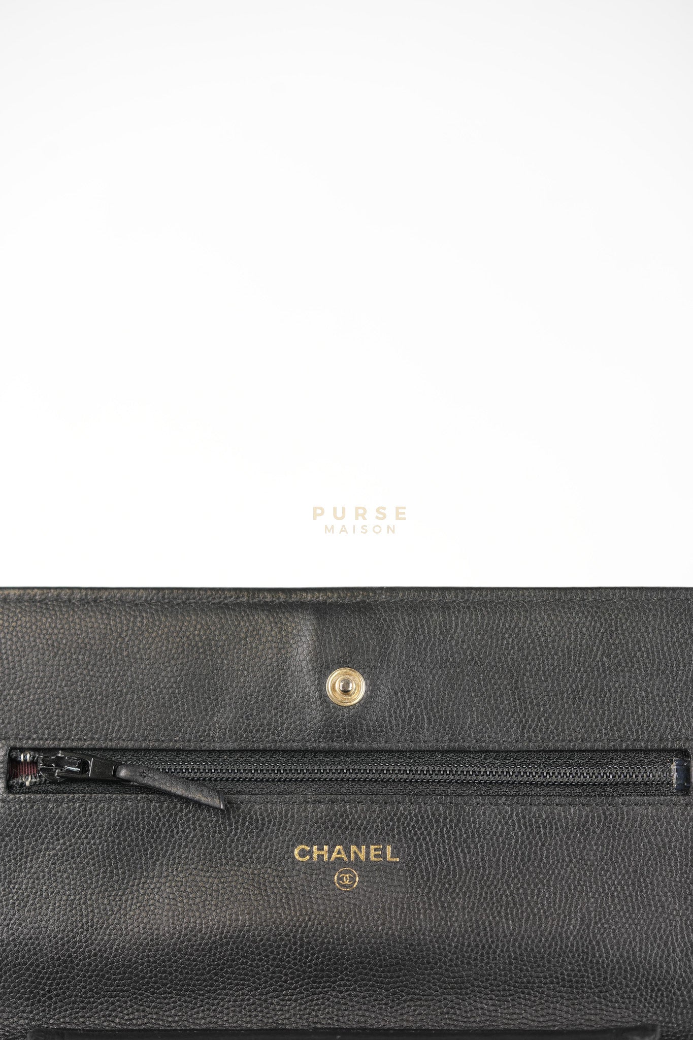 Wallet On Chain (WOC) in Black Caviar Chevron Leather and Gold Hardware Series 27 | Purse Maison Luxury Bags Shop