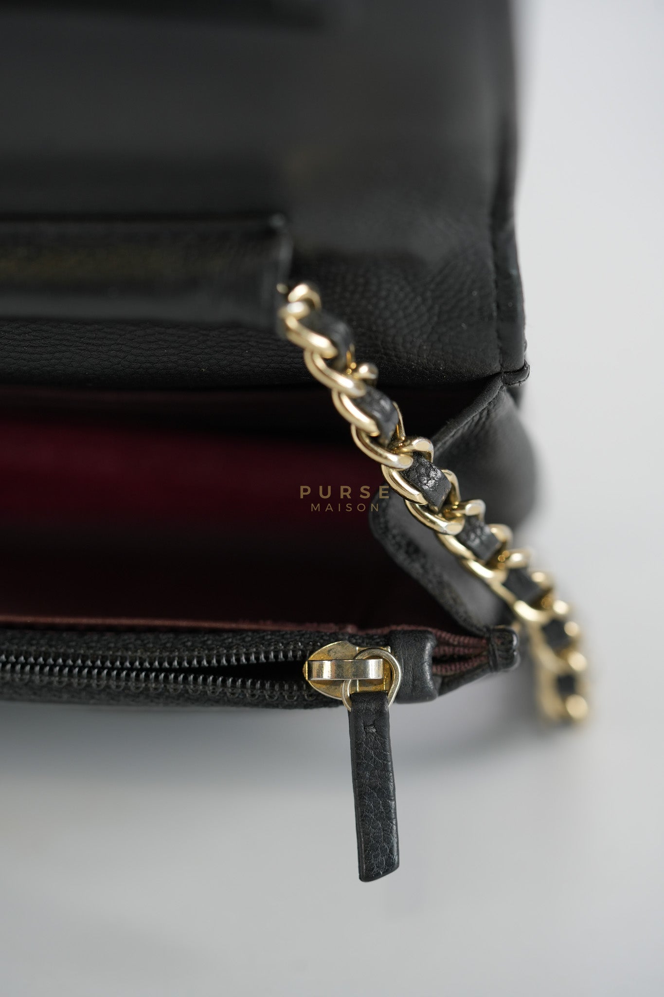 Wallet On Chain (WOC) in Black Caviar Chevron Leather and Gold Hardware Series 27 | Purse Maison Luxury Bags Shop