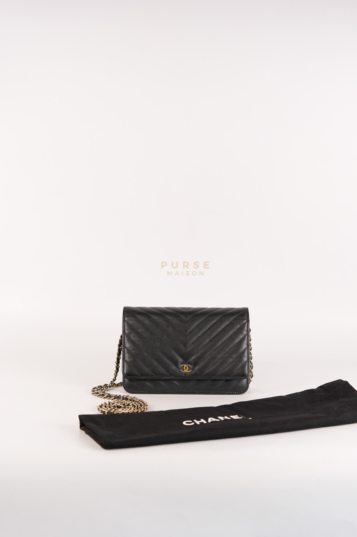 Wallet On Chain (WOC) in Black Caviar Chevron Leather and Gold Hardware Series 27 | Purse Maison Luxury Bags Shop