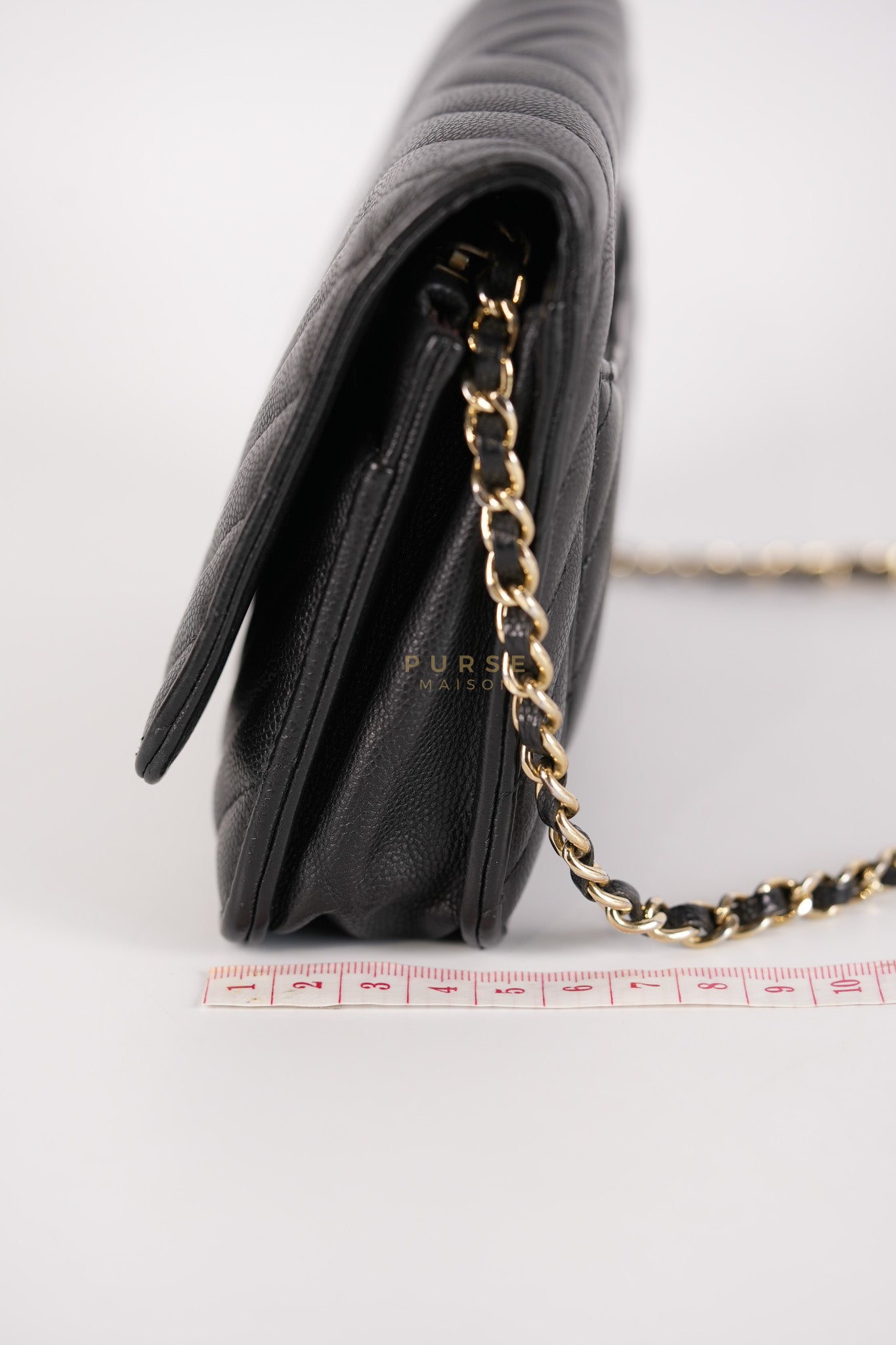 Wallet On Chain (WOC) in Black Caviar Chevron Leather and Gold Hardware Series 27 | Purse Maison Luxury Bags Shop