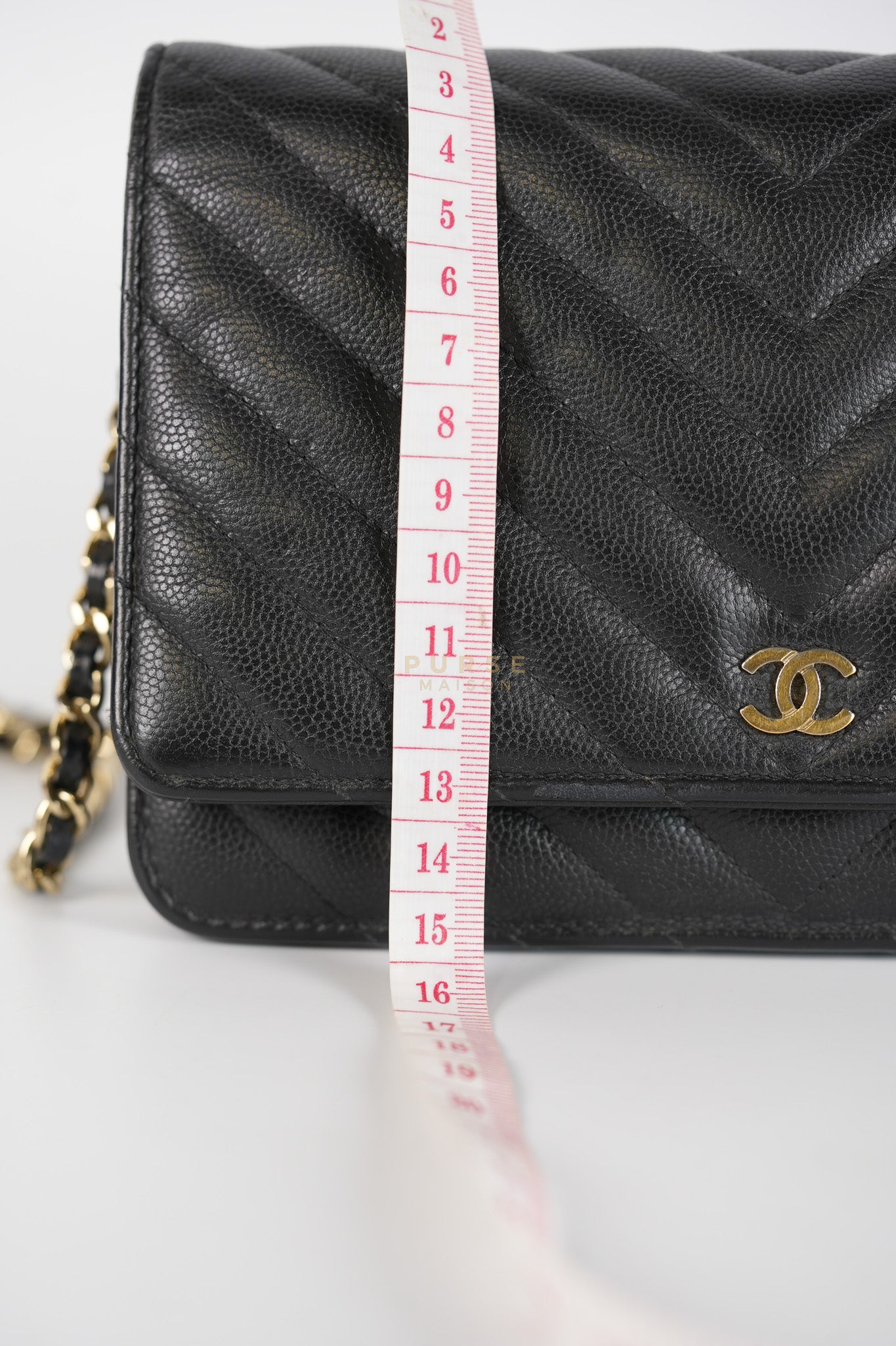 Wallet On Chain (WOC) in Black Caviar Chevron Leather and Gold Hardware Series 27 | Purse Maison Luxury Bags Shop