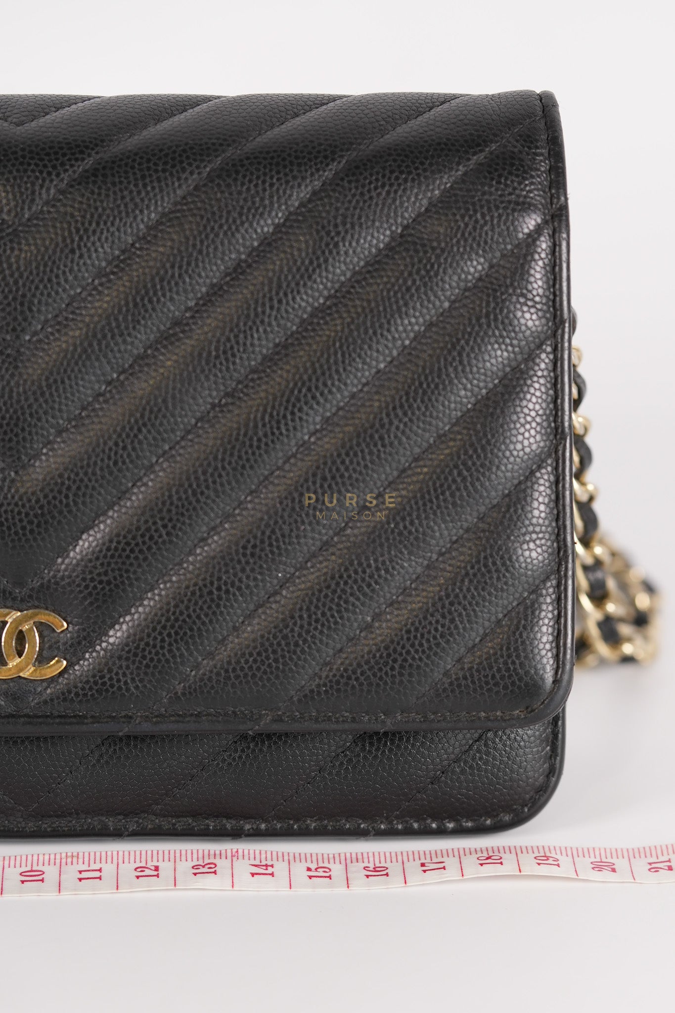 Wallet On Chain (WOC) in Black Caviar Chevron Leather and Gold Hardware Series 27 | Purse Maison Luxury Bags Shop
