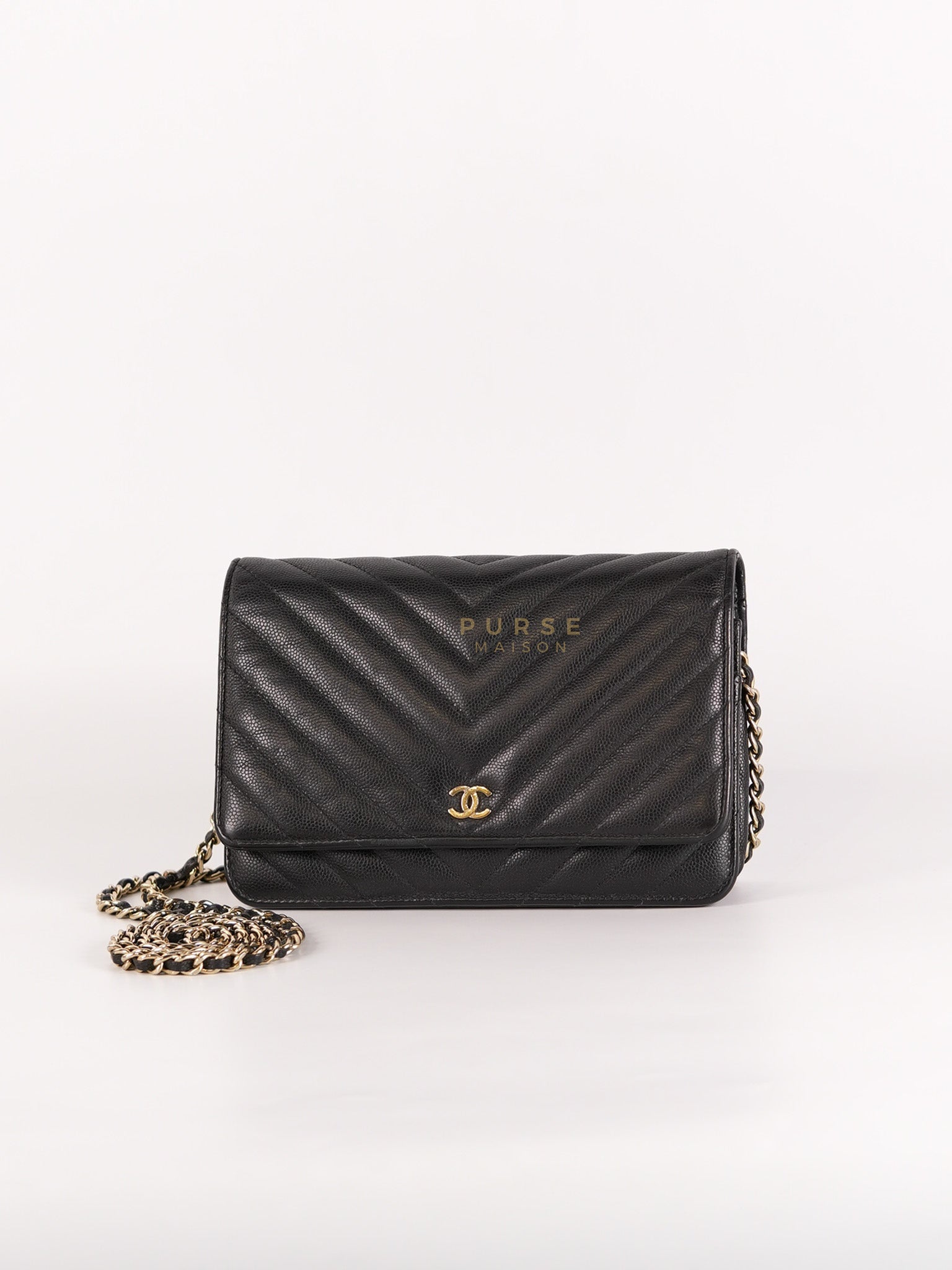 Wallet On Chain (WOC) in Black Caviar Chevron Leather and Gold Hardware Series 27 | Purse Maison Luxury Bags Shop