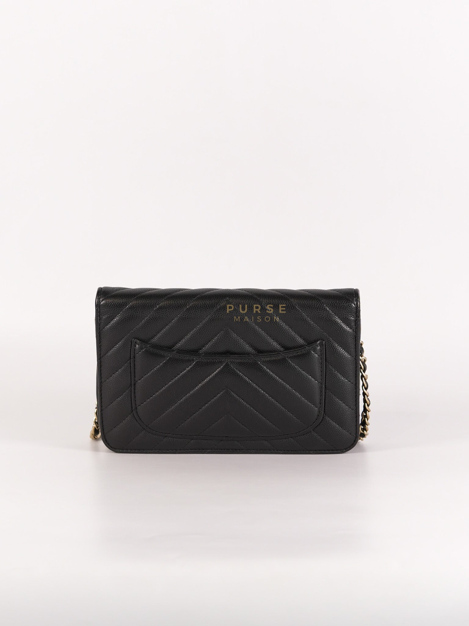 Wallet On Chain (WOC) in Black Caviar Chevron Leather and Gold Hardware Series 27 | Purse Maison Luxury Bags Shop