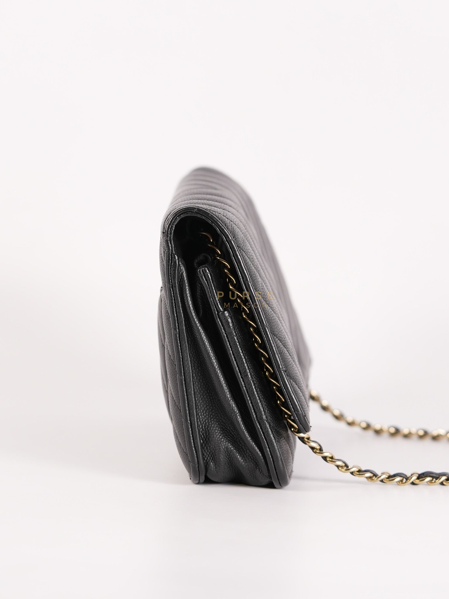 Wallet On Chain (WOC) in Black Caviar Chevron Leather and Gold Hardware Series 27 | Purse Maison Luxury Bags Shop