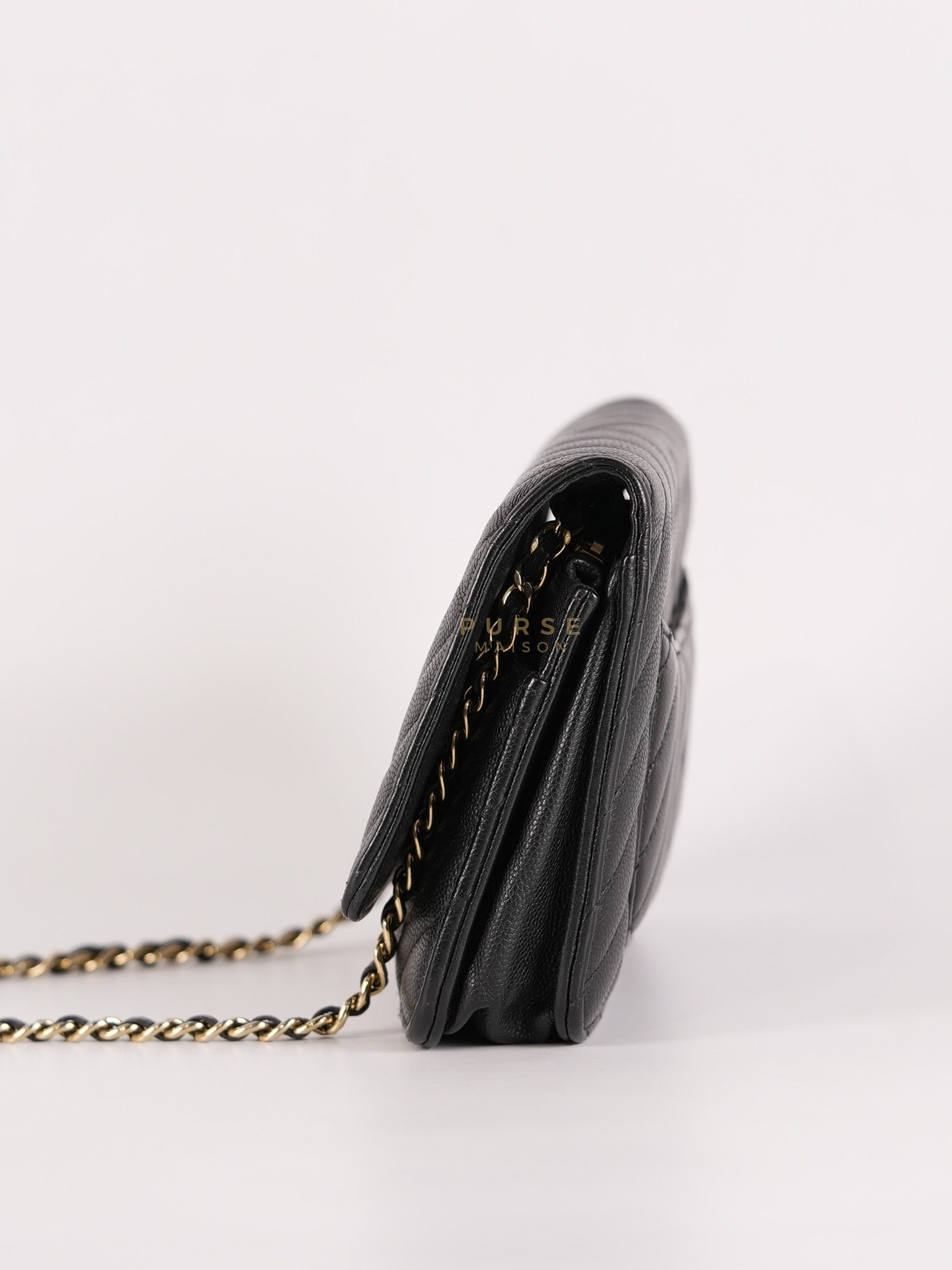 Wallet On Chain (WOC) in Black Caviar Chevron Leather and Gold Hardware Series 27 | Purse Maison Luxury Bags Shop