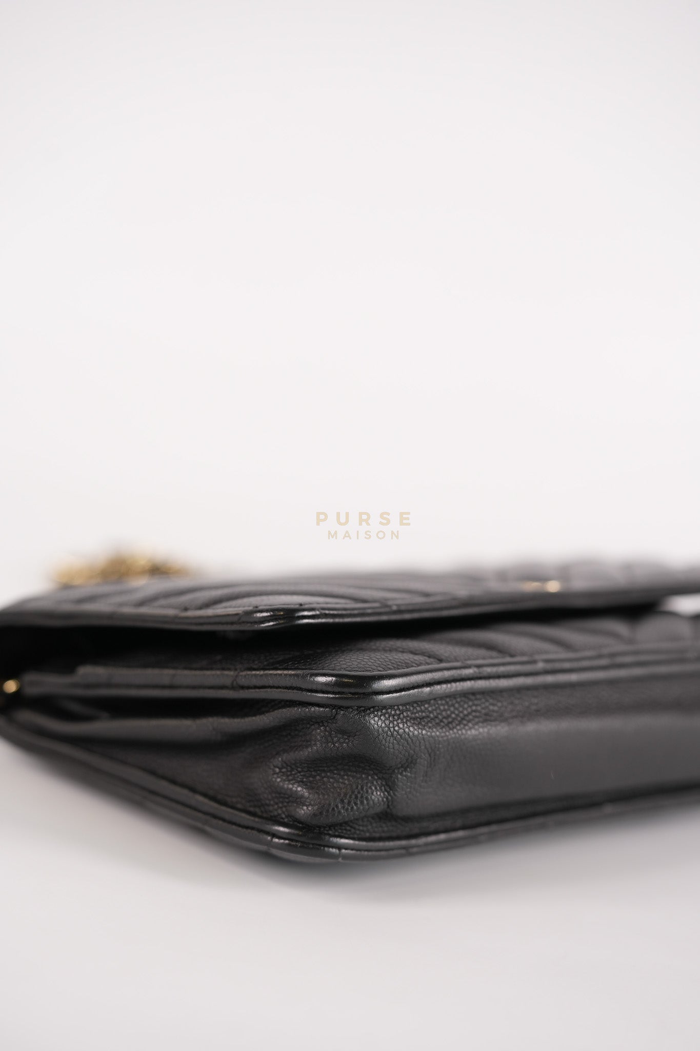 Wallet On Chain (WOC) in Black Caviar Chevron Leather and Gold Hardware Series 27 | Purse Maison Luxury Bags Shop