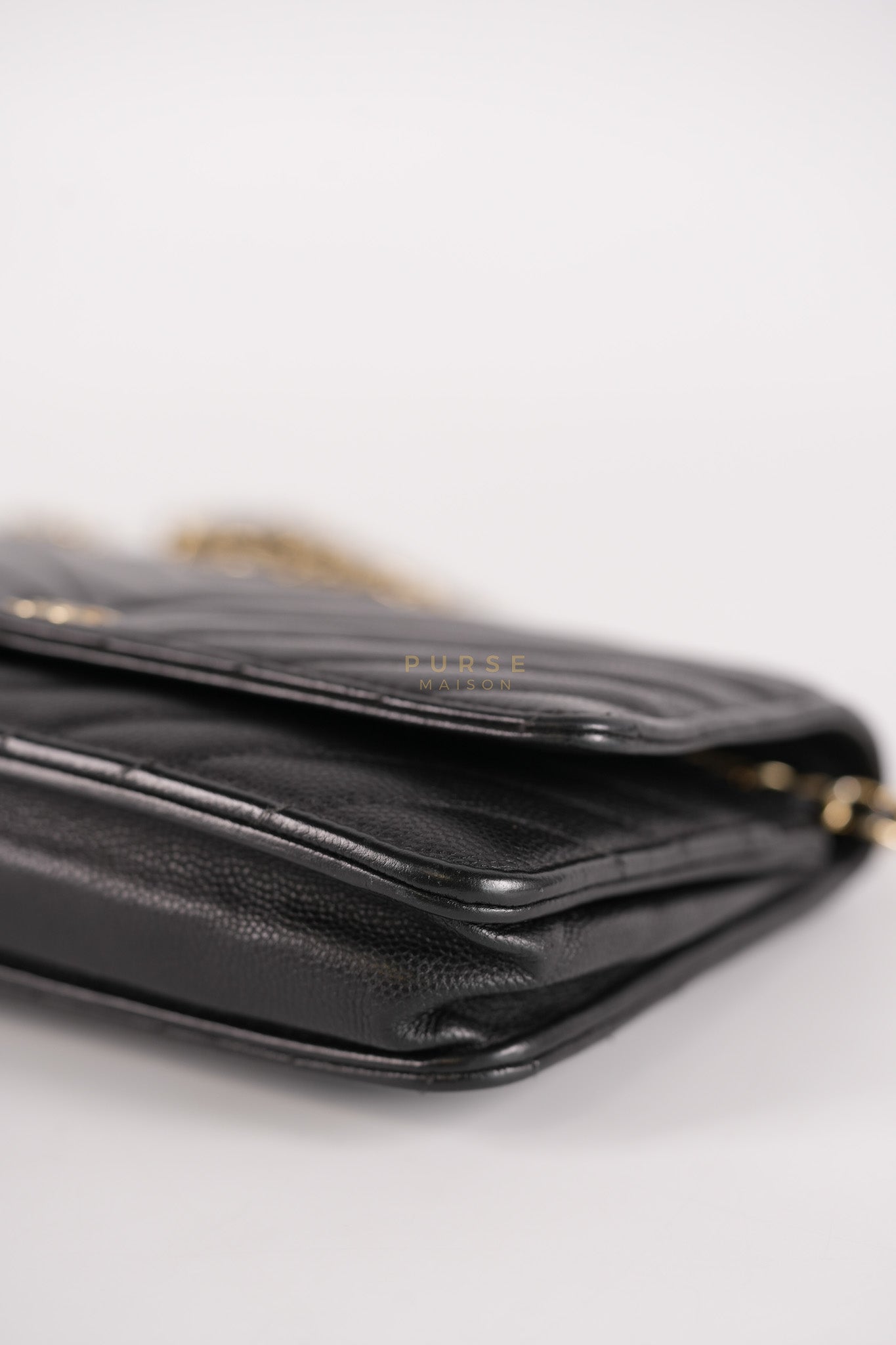 Wallet On Chain (WOC) in Black Caviar Chevron Leather and Gold Hardware Series 27 | Purse Maison Luxury Bags Shop