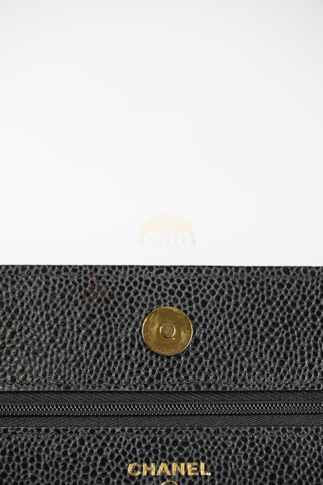 Wallet on Chain (WOC) in Black Caviar Leather & Gold Hardware Microchip | Purse Maison Luxury Bags Shop