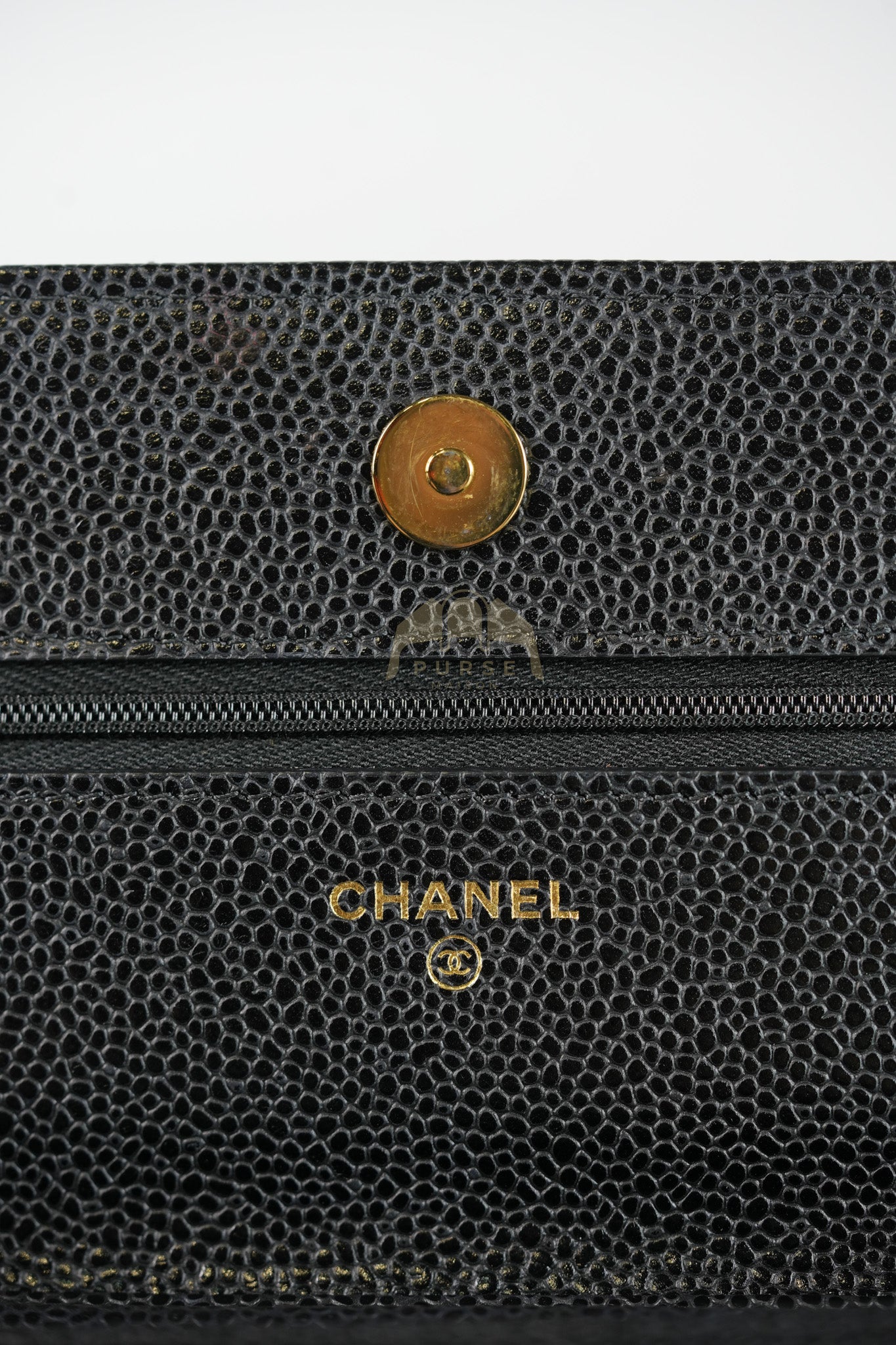 Wallet on Chain (WOC) in Black Caviar Leather & Gold Hardware Microchip | Purse Maison Luxury Bags Shop