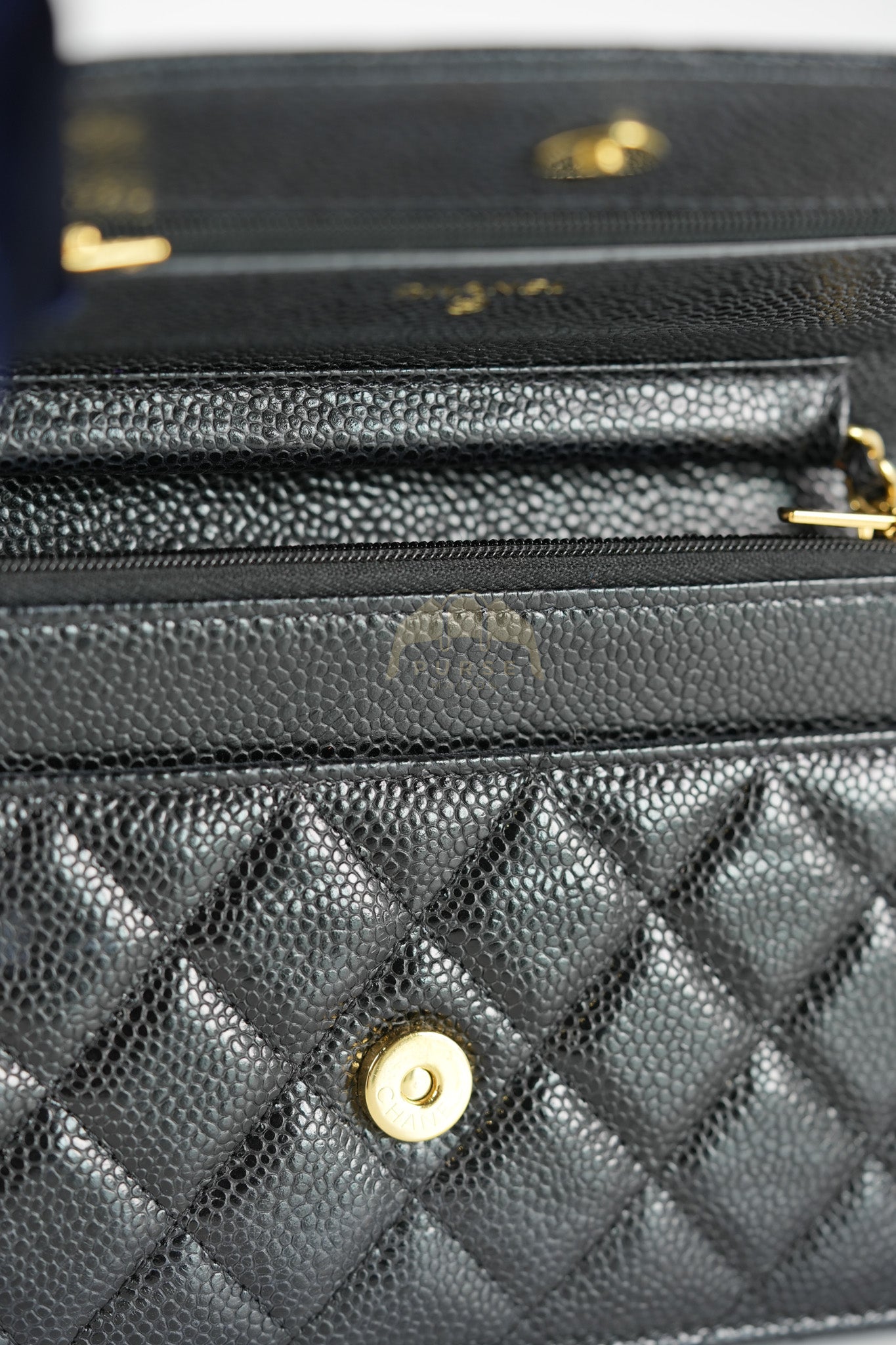Wallet on Chain (WOC) in Black Caviar Leather & Gold Hardware Microchip | Purse Maison Luxury Bags Shop