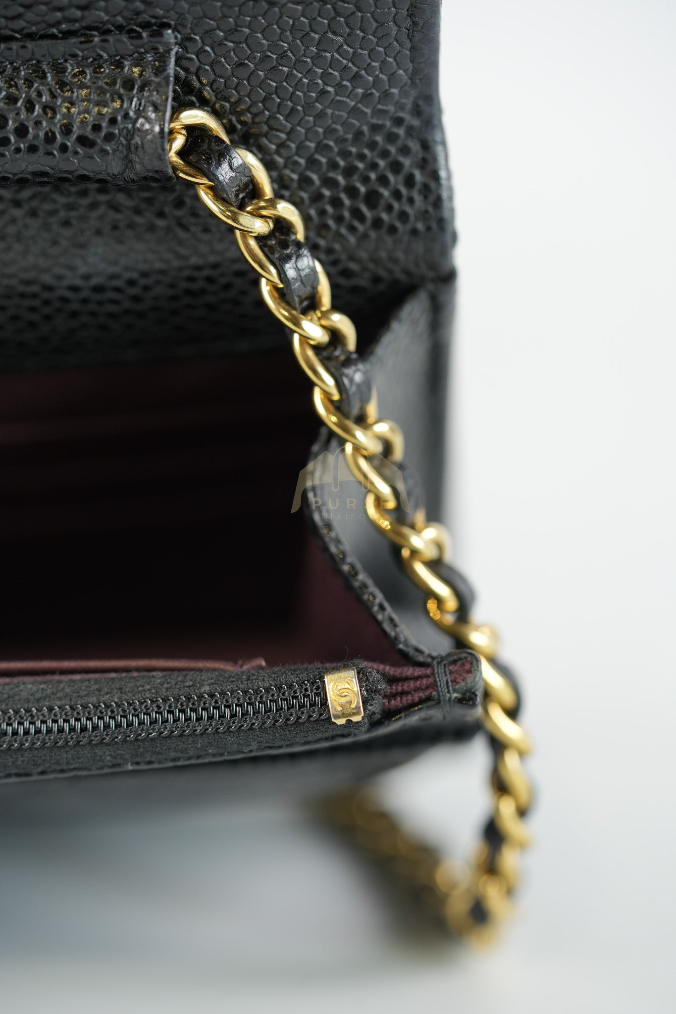 Wallet on Chain (WOC) in Black Caviar Leather & Gold Hardware Microchip | Purse Maison Luxury Bags Shop