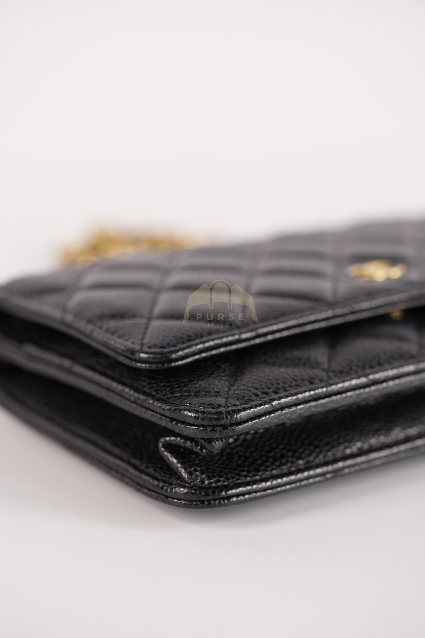 Wallet on Chain (WOC) in Black Caviar Leather & Gold Hardware Microchip | Purse Maison Luxury Bags Shop