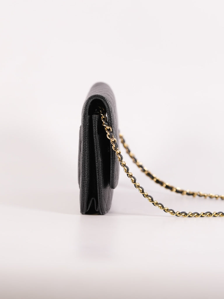 Wallet On Chain (WOC) in Black Quilted Caviar Leather and Gold Hardware Series 22 | Purse Maison Luxury Bags Shop