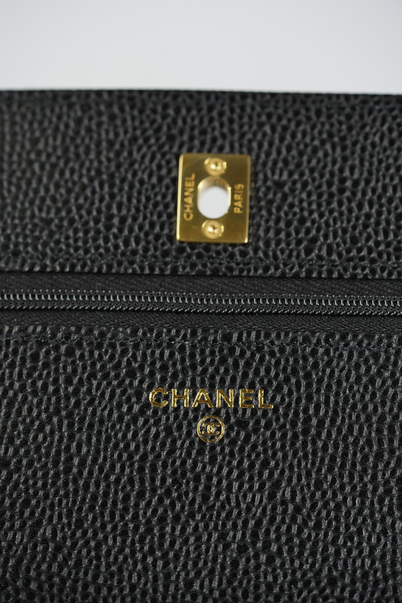 Wallet On Chain (WOC) in Black Quilted Caviar Leather & Gold Hardware Microchip | Purse Maison Luxury Bags Shop