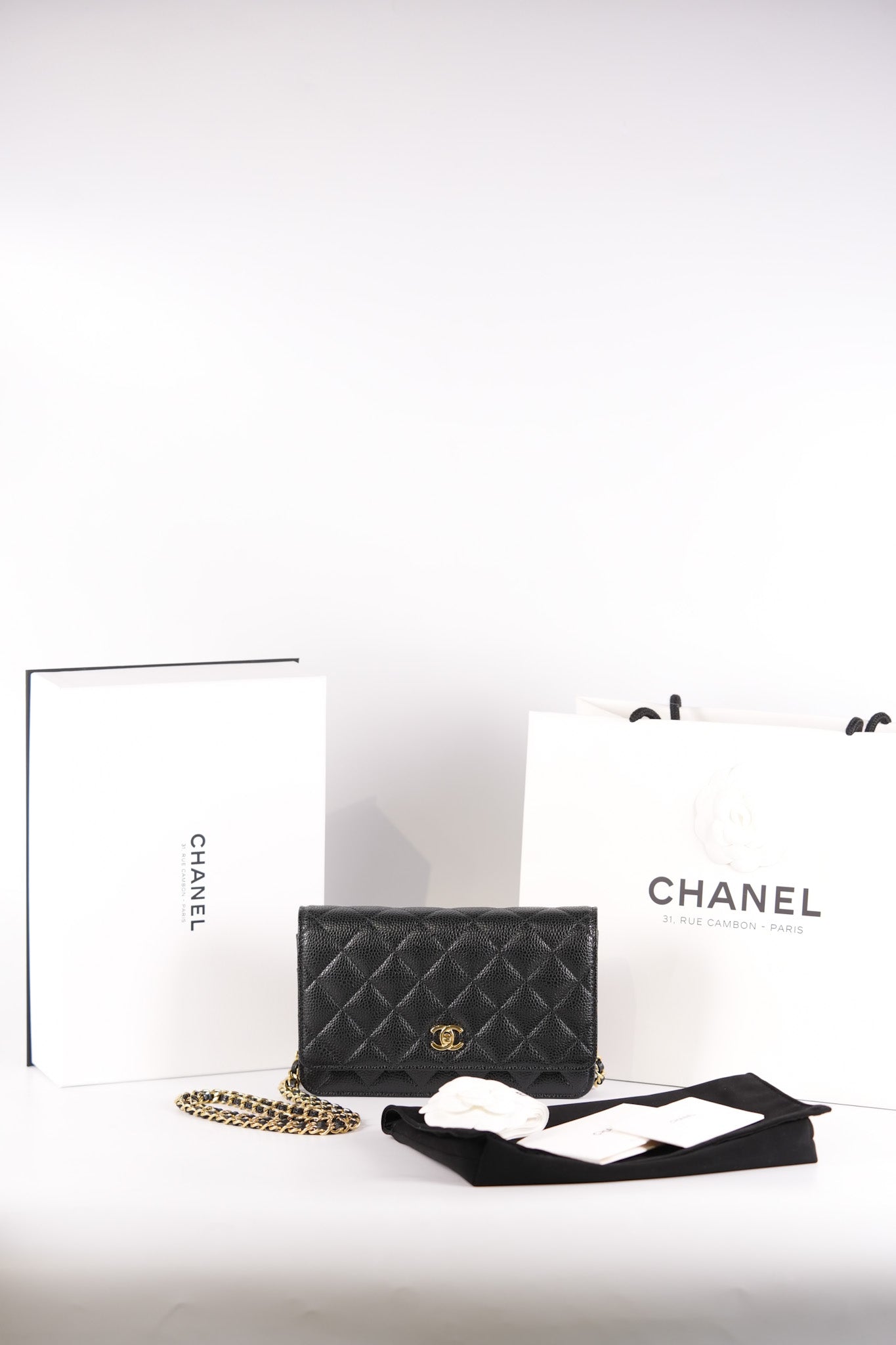 Wallet On Chain (WOC) in Black Quilted Caviar Leather & Gold Hardware Microchip | Purse Maison Luxury Bags Shop