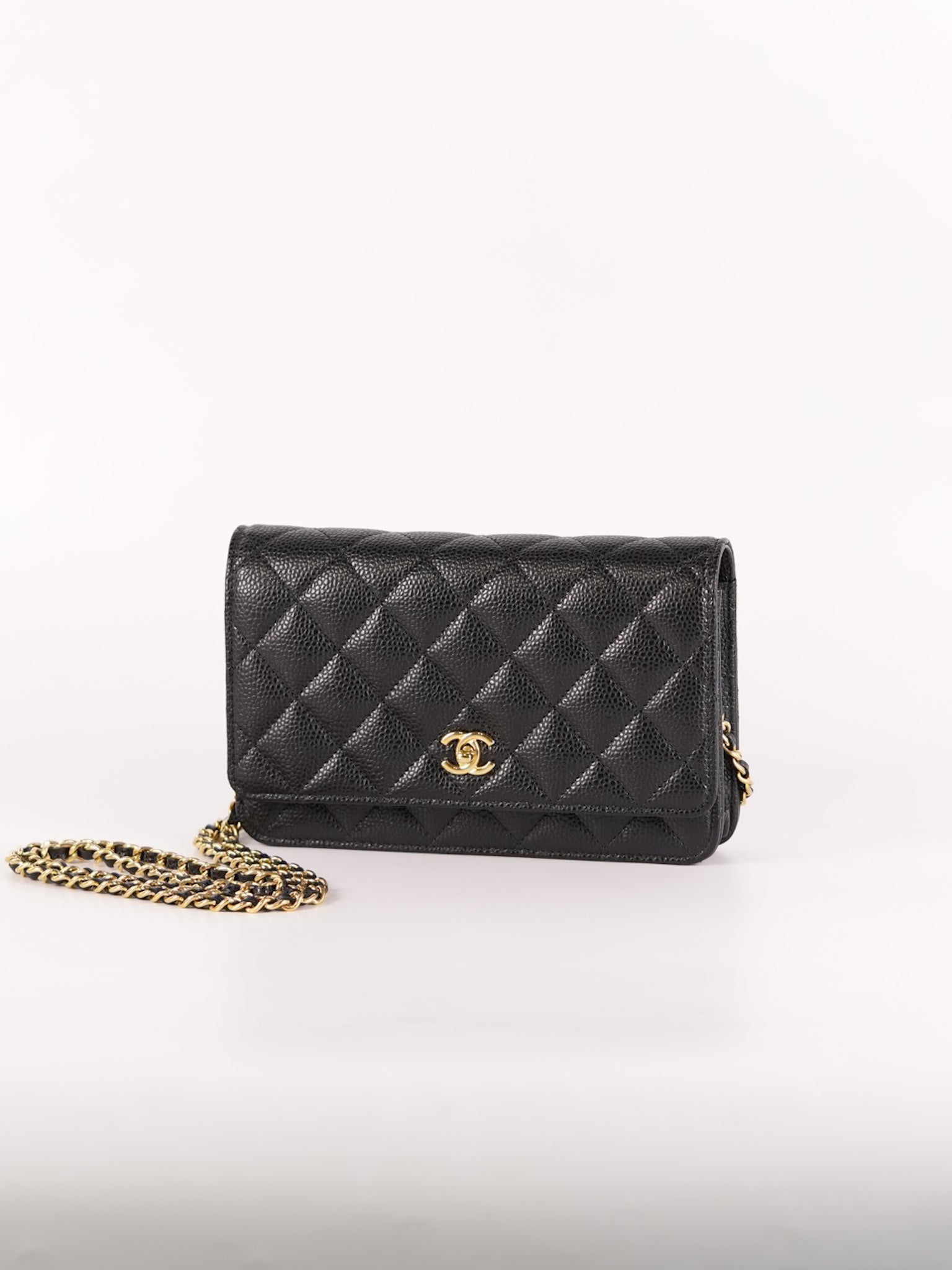 Wallet On Chain (WOC) in Black Quilted Caviar Leather & Gold Hardware Microchip | Purse Maison Luxury Bags Shop