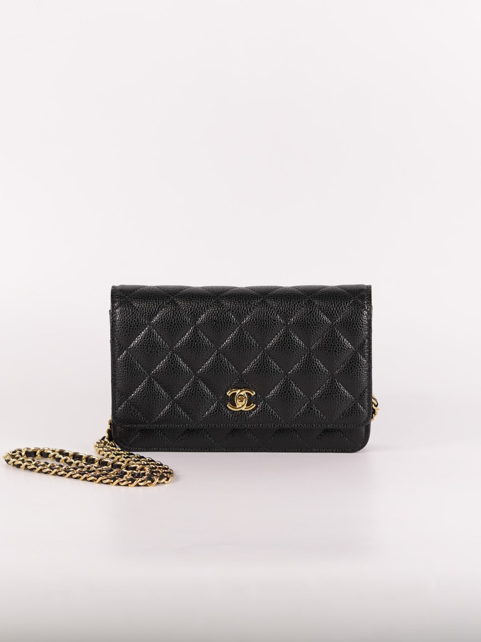 Wallet On Chain (WOC) in Black Quilted Caviar Leather & Gold Hardware Microchip | Purse Maison Luxury Bags Shop