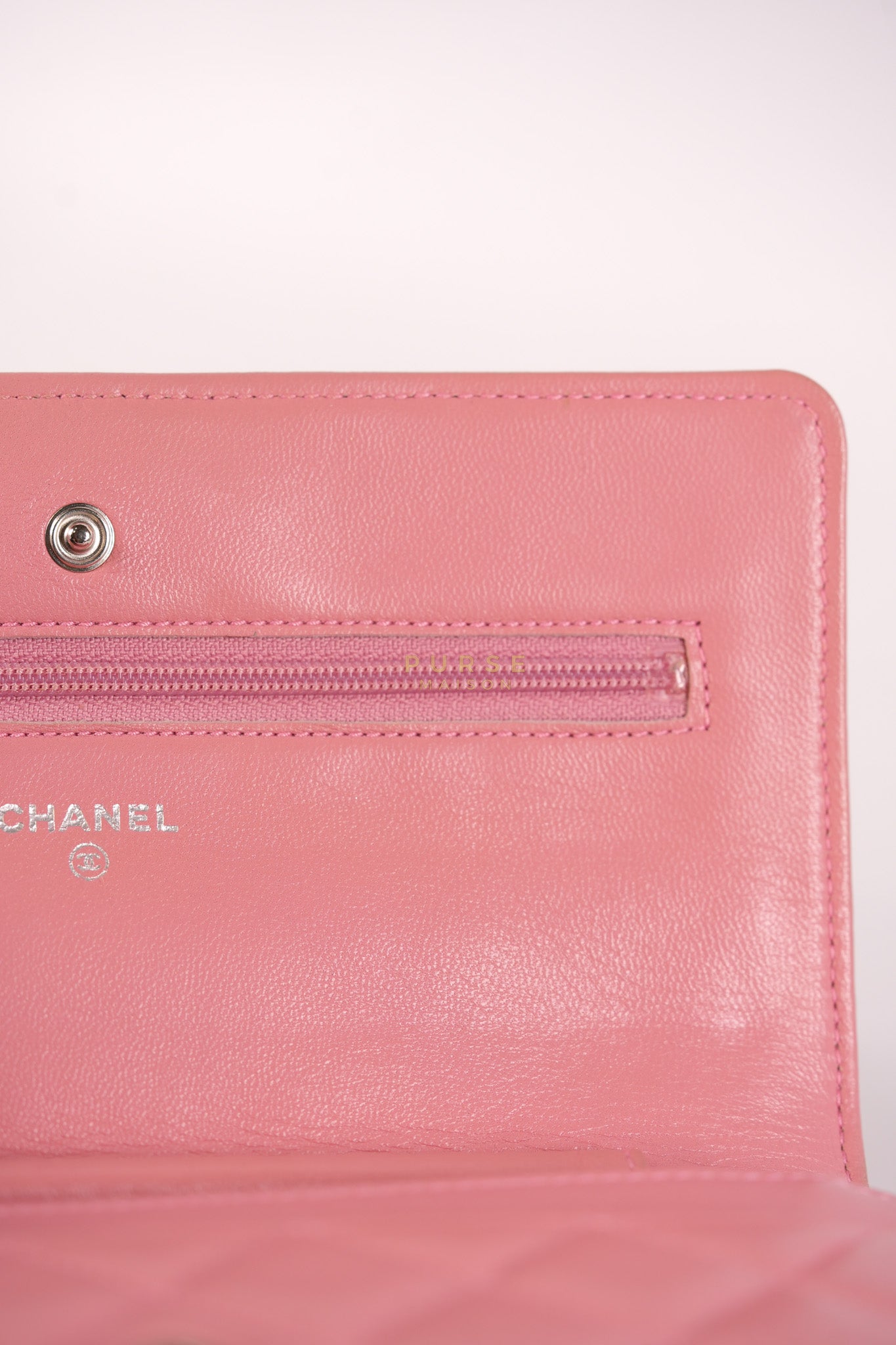 Wallet On Chain (WOC) in Pink Lambskin Leather and Silver Hardware Series 14 | Purse Maison Luxury Bags Shop