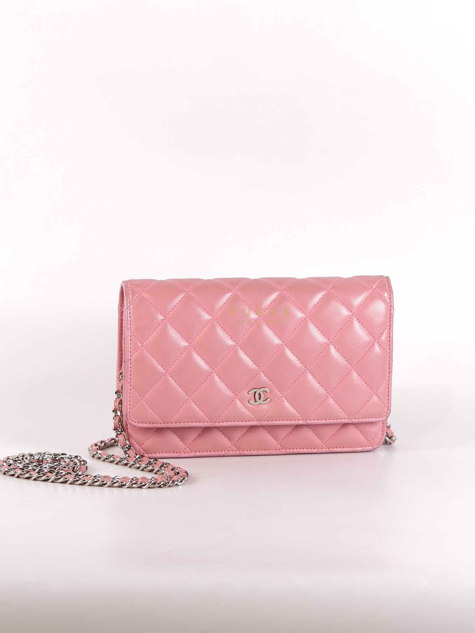 Wallet On Chain (WOC) in Pink Lambskin Leather and Silver Hardware Series 14 | Purse Maison Luxury Bags Shop