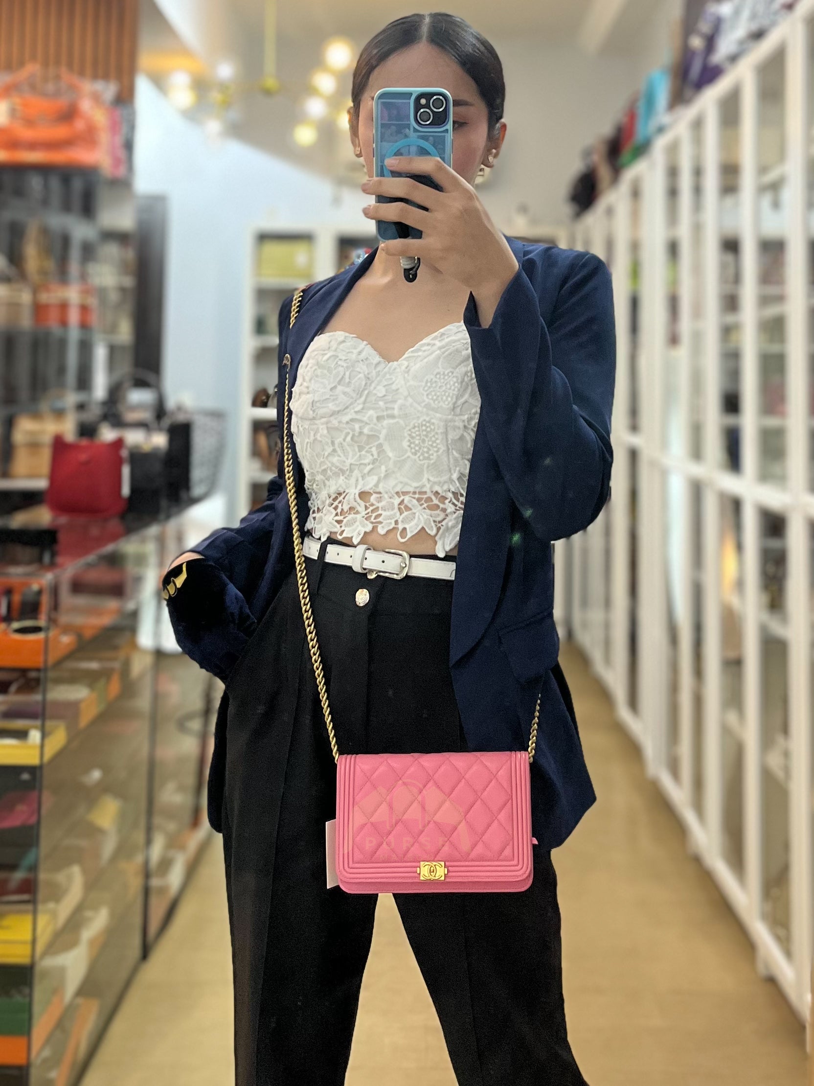 Wallet On Chain (WOC) in Pink Quilted Caviar Leather and Aged Gold Hardware Series 31 | Purse Maison Luxury Bags Shop