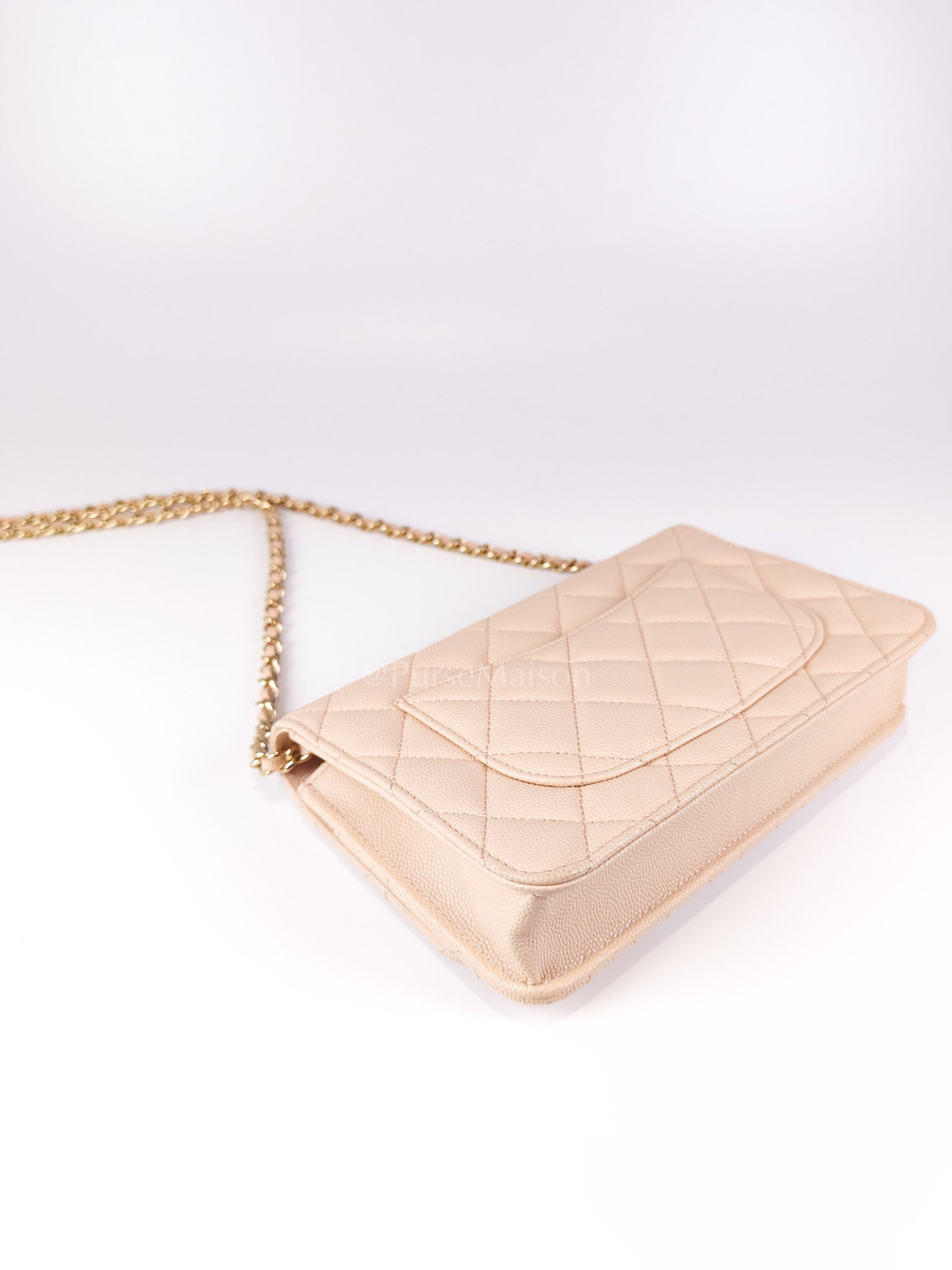 Wallet On Chain (WOC) Pale Beige Pink in Caviar Leather and Light Gold Hardware (Microchip) | Purse Maison Luxury Bags Shop