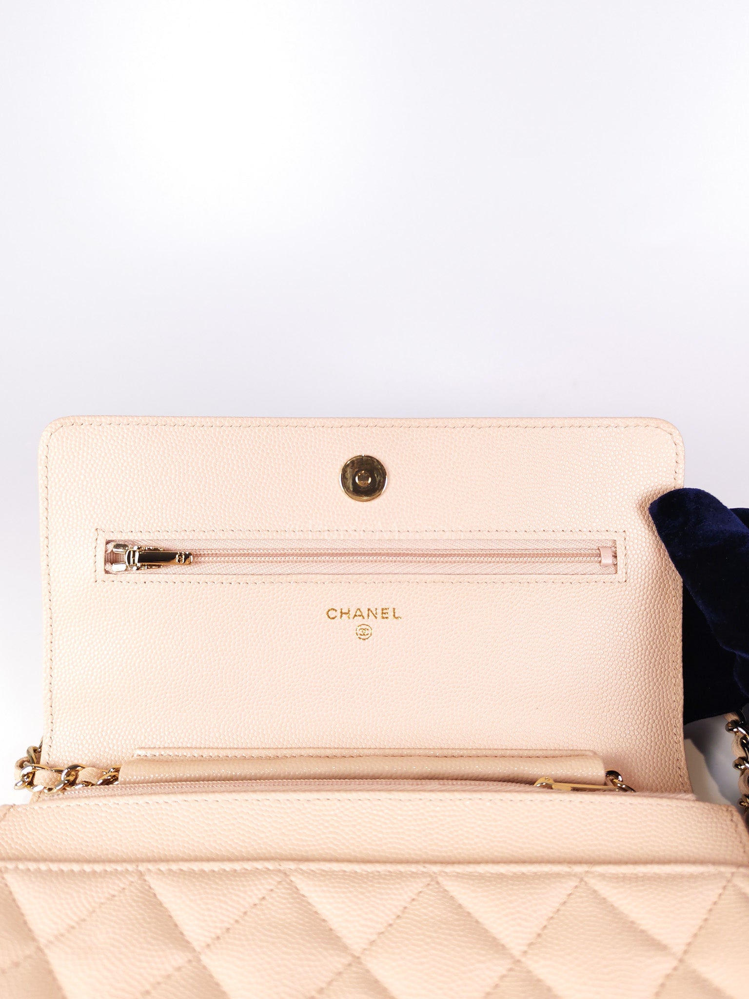 Wallet On Chain (WOC) Pale Beige Pink in Caviar Leather and Light Gold Hardware (Microchip) | Purse Maison Luxury Bags Shop