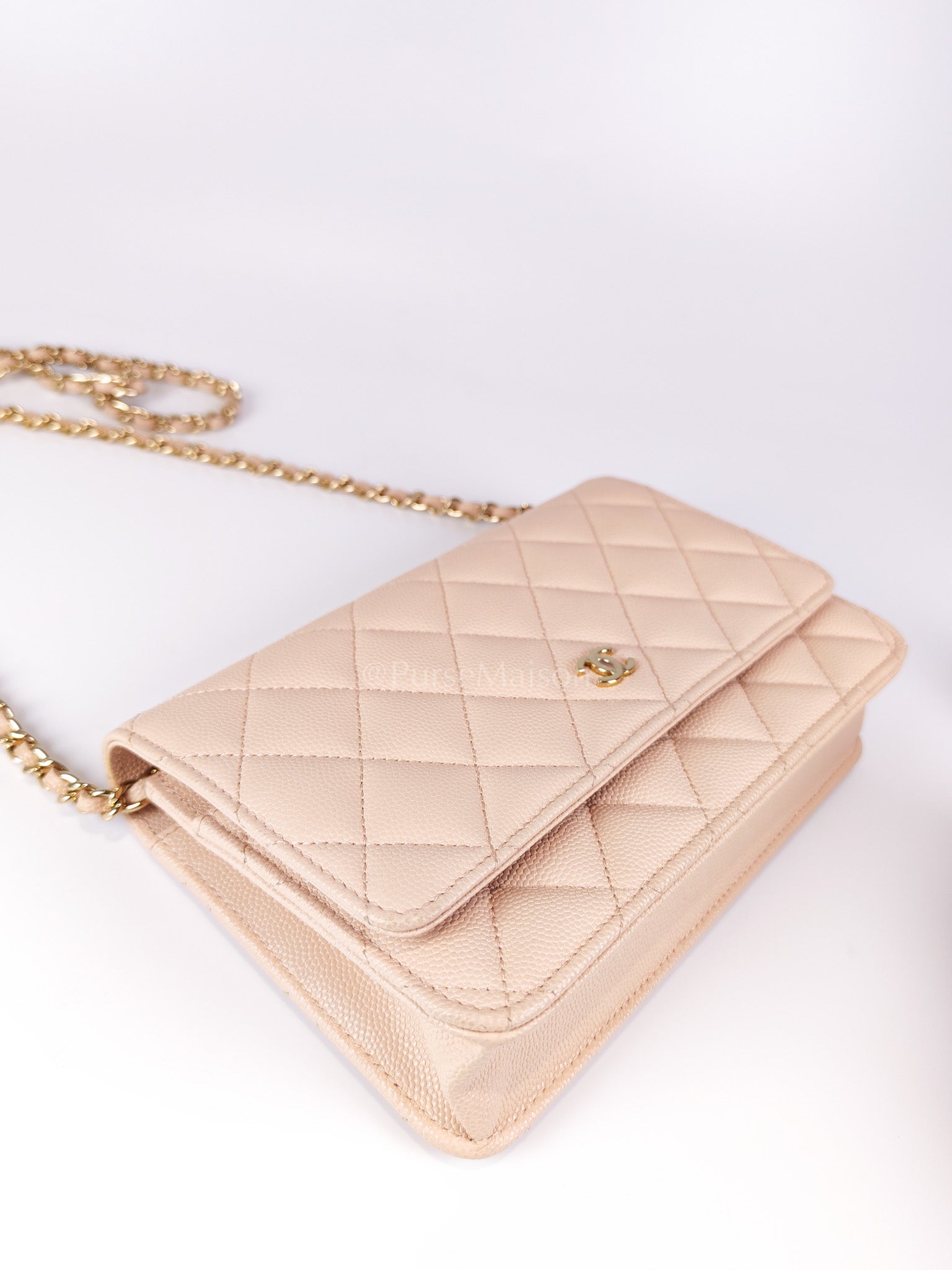 Wallet On Chain (WOC) Pale Beige Pink in Caviar Leather and Light Gold Hardware (Microchip) | Purse Maison Luxury Bags Shop