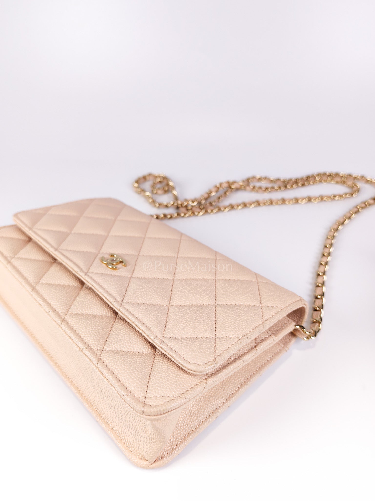 Wallet On Chain (WOC) Pale Beige Pink in Caviar Leather and Light Gold Hardware (Microchip) | Purse Maison Luxury Bags Shop