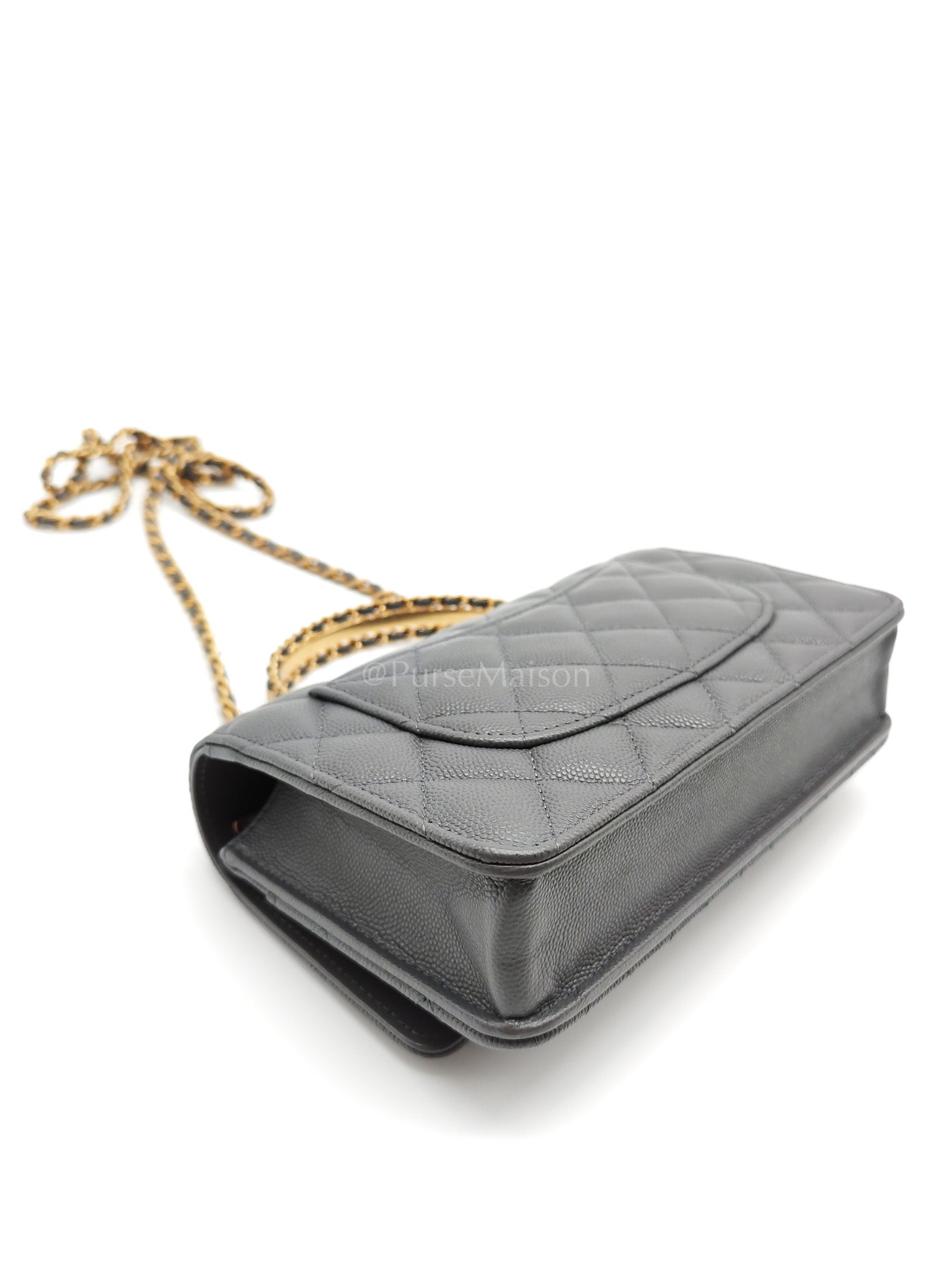 Wallet on Chain (WOC) Top Handle in Gray Quilted Caviar Leather and Aged Gold Hardware (Microchip) | Purse Maison Luxury Bags Shop
