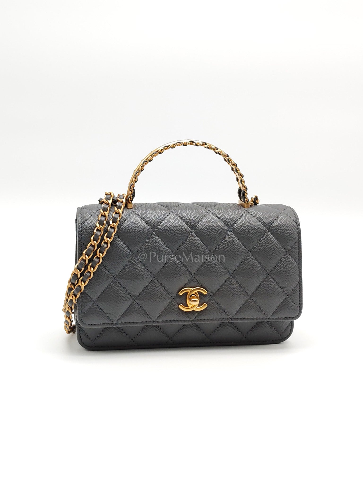 Wallet on Chain (WOC) Top Handle in Gray Quilted Caviar Leather and Aged Gold Hardware (Microchip) | Purse Maison Luxury Bags Shop