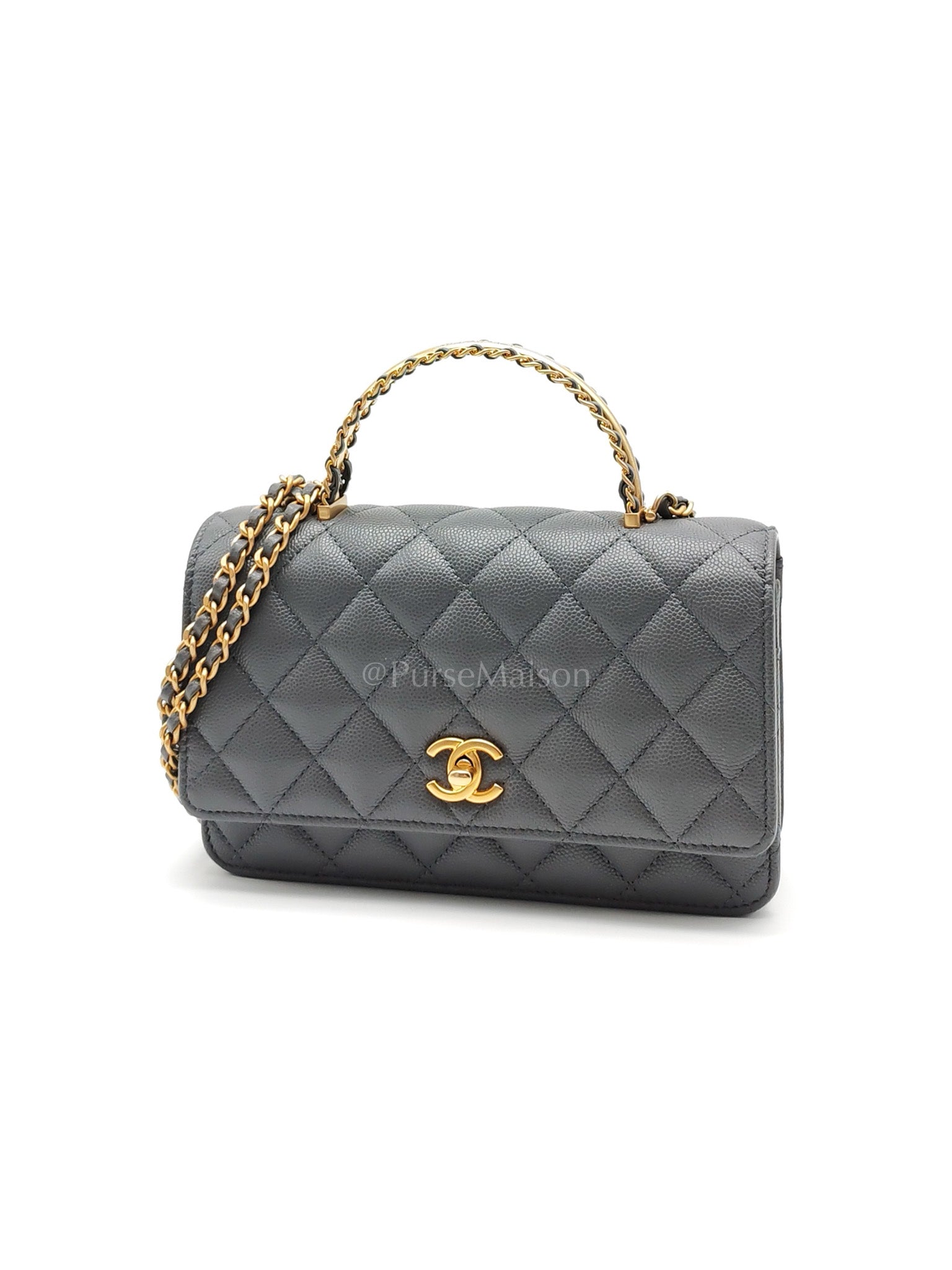 Wallet on Chain (WOC) Top Handle in Gray Quilted Caviar Leather and Aged Gold Hardware (Microchip) | Purse Maison Luxury Bags Shop
