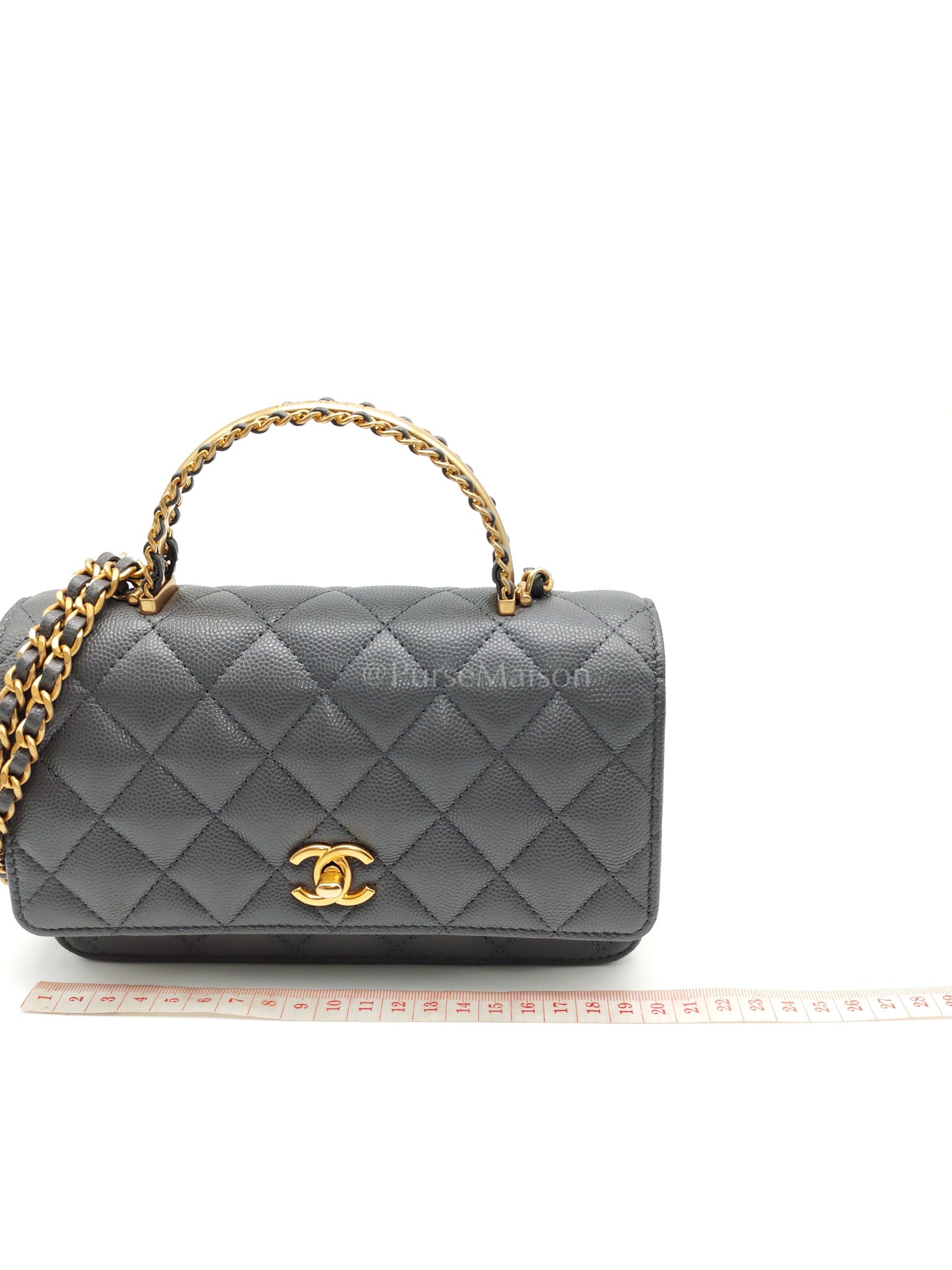 Wallet on Chain (WOC) Top Handle in Gray Quilted Caviar Leather and Aged Gold Hardware (Microchip) | Purse Maison Luxury Bags Shop