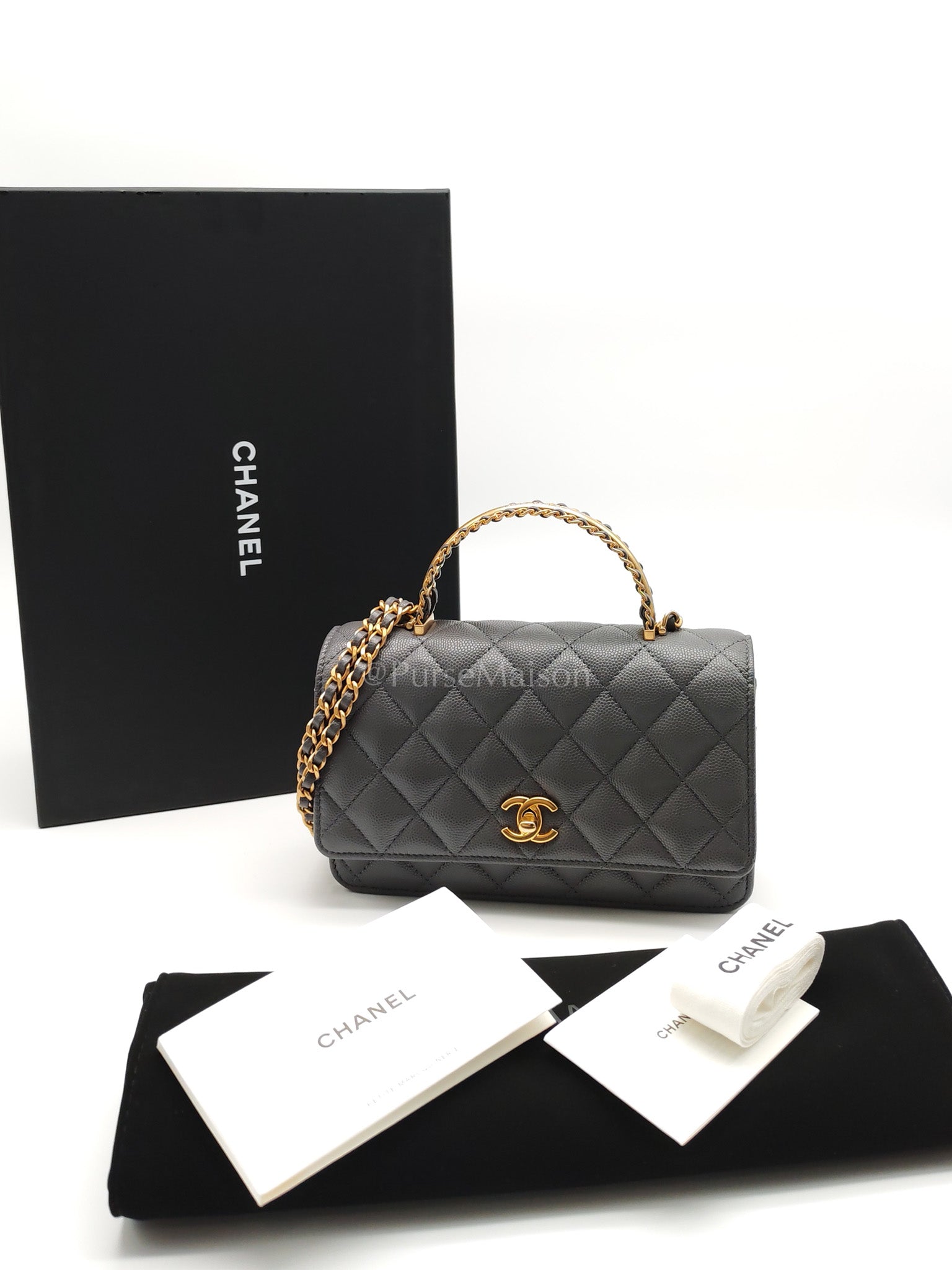 Wallet on Chain (WOC) Top Handle in Gray Quilted Caviar Leather and Aged Gold Hardware (Microchip) | Purse Maison Luxury Bags Shop