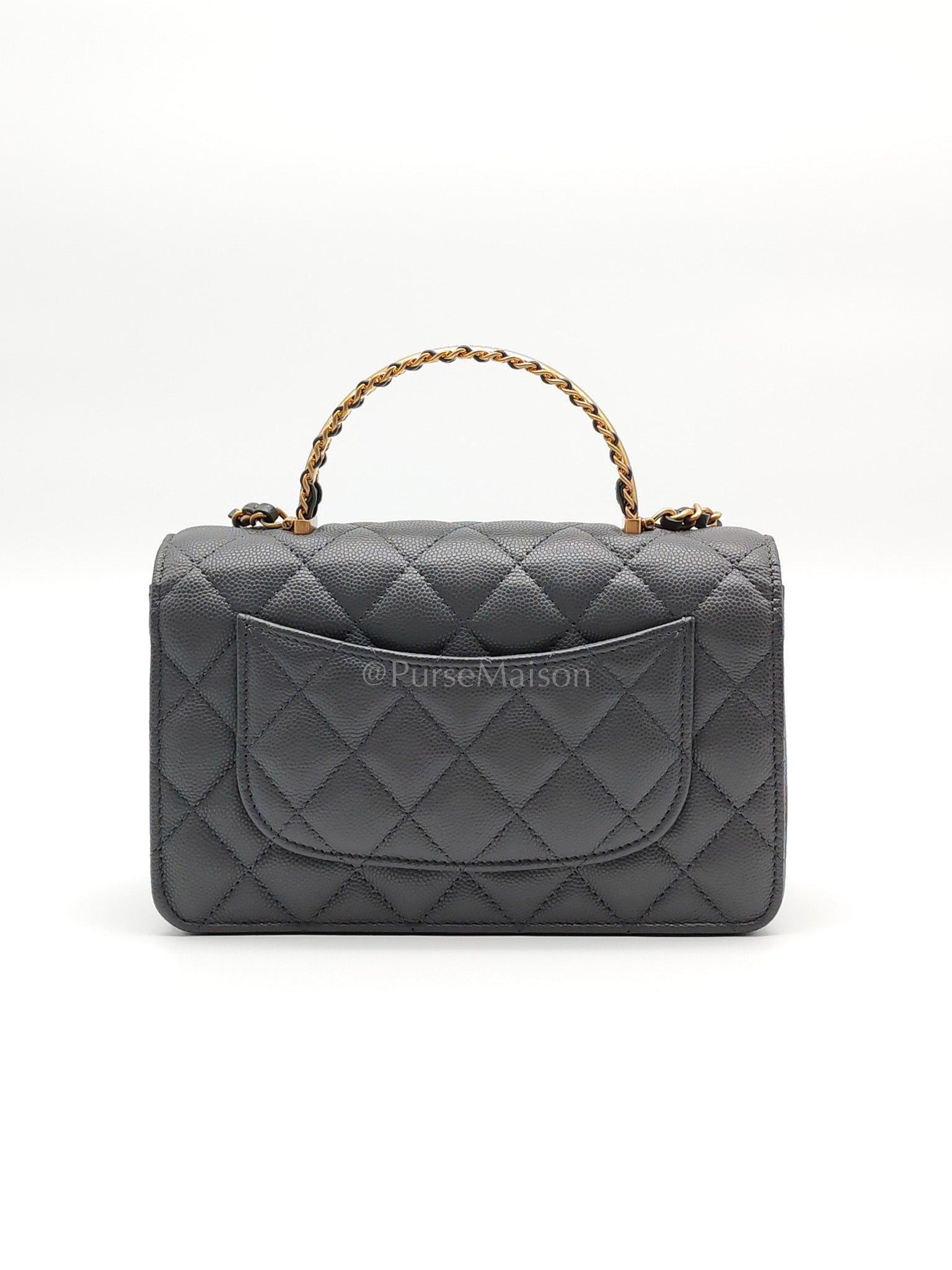 Wallet on Chain (WOC) Top Handle in Gray Quilted Caviar Leather and Aged Gold Hardware (Microchip) | Purse Maison Luxury Bags Shop
