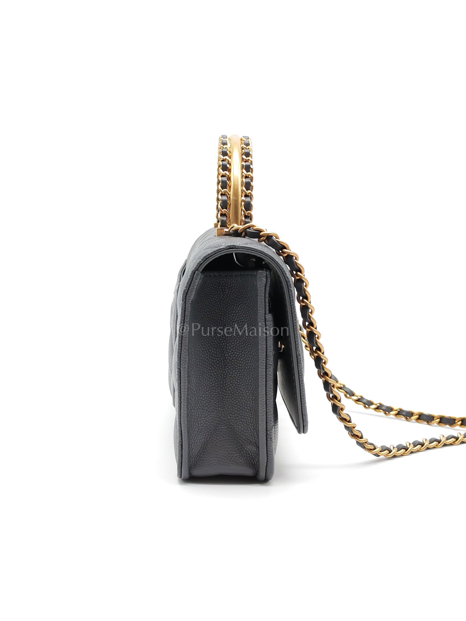 Wallet on Chain (WOC) Top Handle in Gray Quilted Caviar Leather and Aged Gold Hardware (Microchip) | Purse Maison Luxury Bags Shop