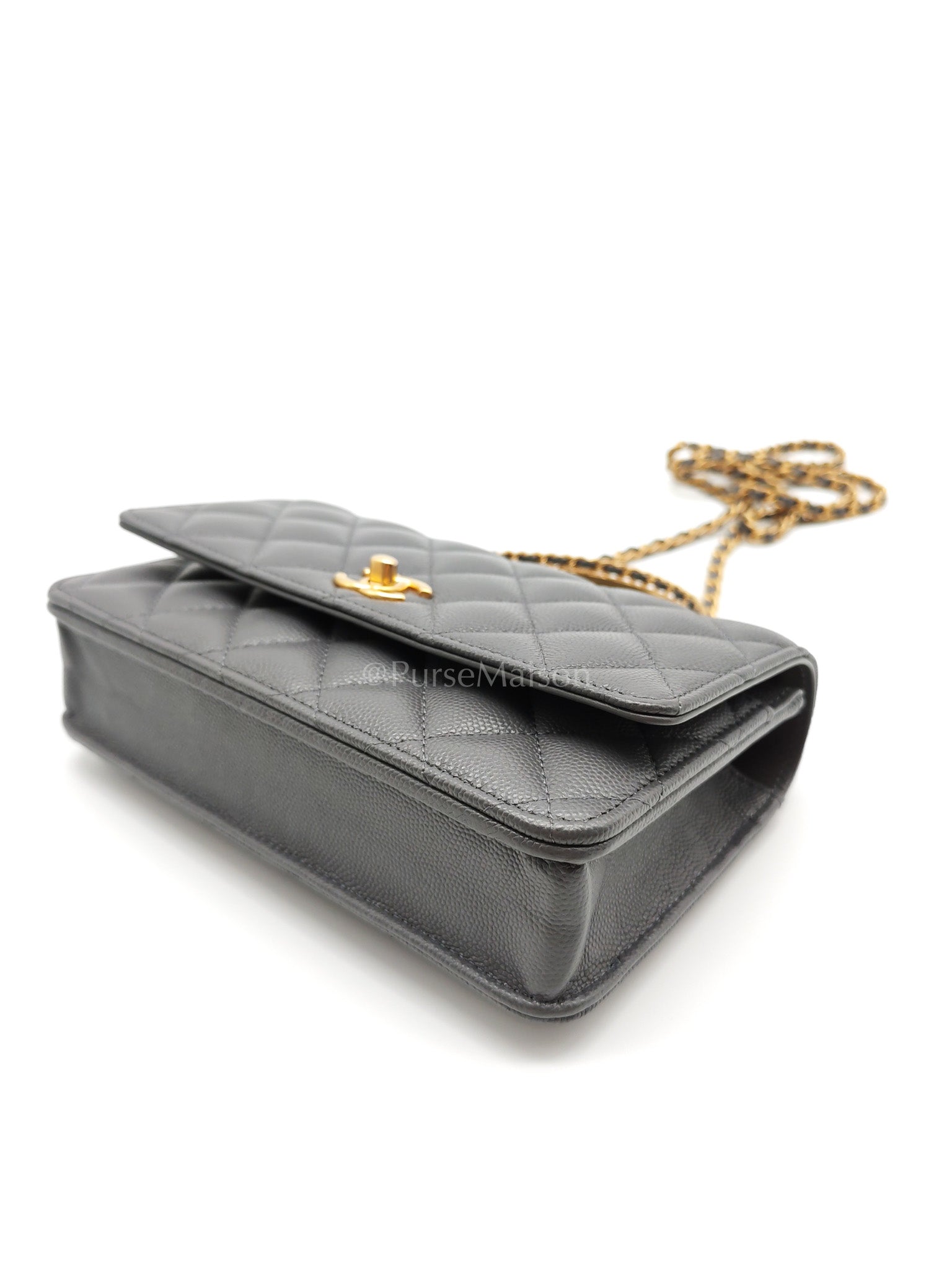 Wallet on Chain (WOC) Top Handle in Gray Quilted Caviar Leather and Aged Gold Hardware (Microchip) | Purse Maison Luxury Bags Shop