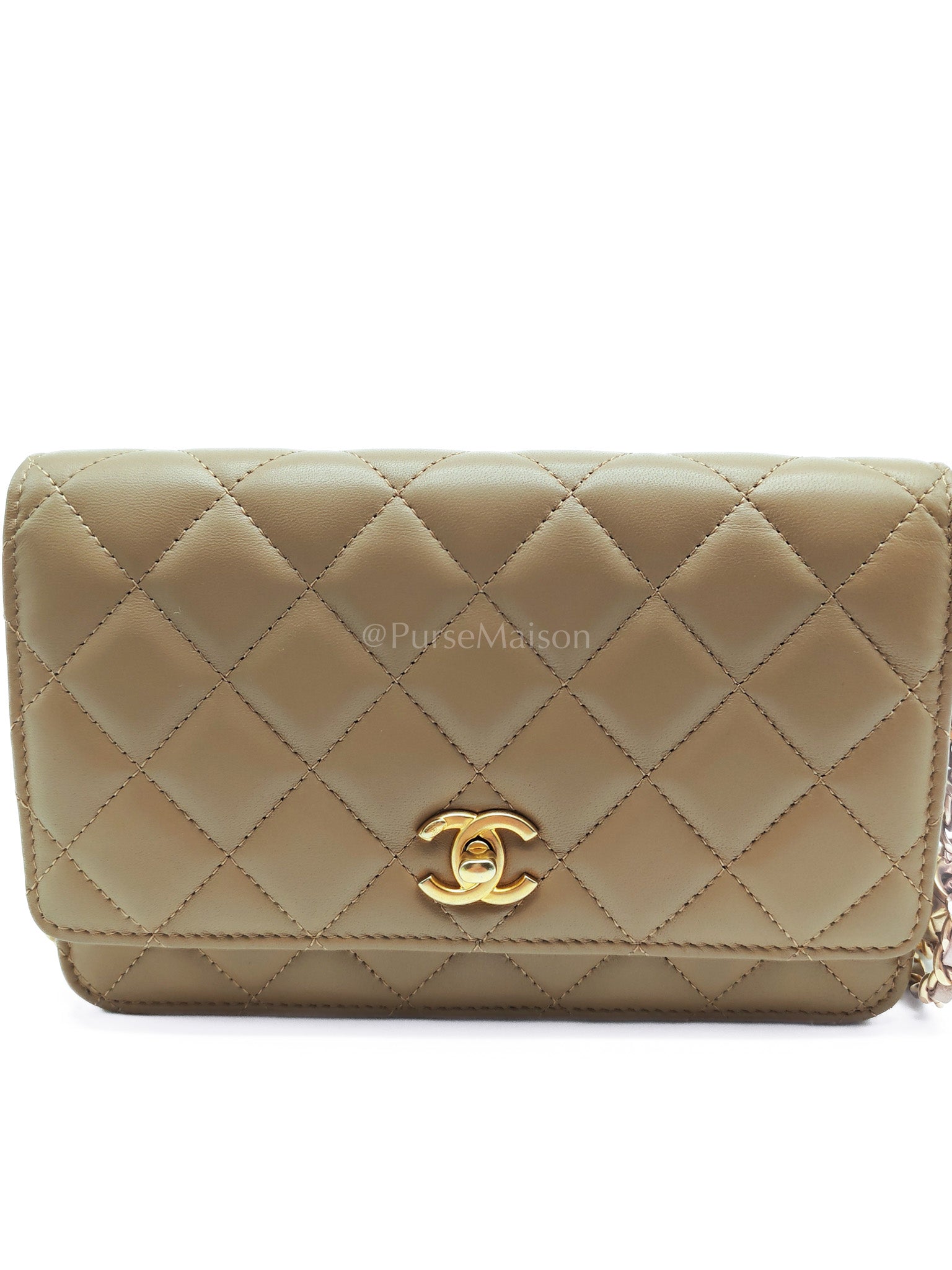 Wallet On Chain(Adjustable Strap) in Dark Beige Lambskin Aged Gold Hardware (Microchip) | Purse Maison Luxury Bags Shop