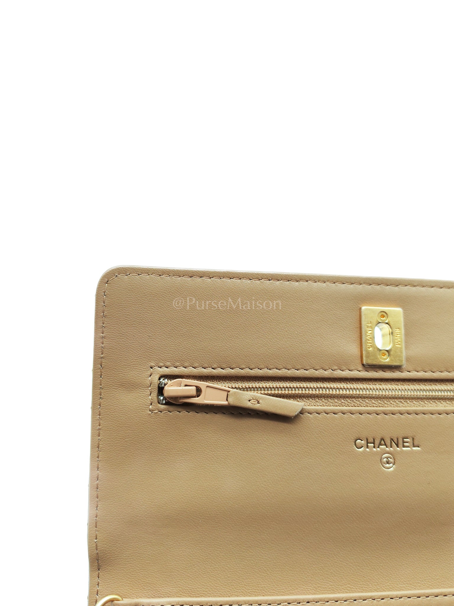 Wallet On Chain(Adjustable Strap) in Dark Beige Lambskin Aged Gold Hardware (Microchip) | Purse Maison Luxury Bags Shop