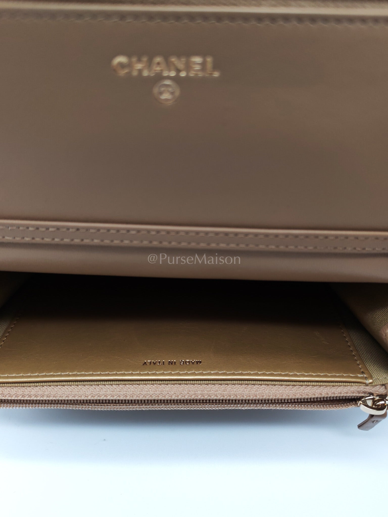 Wallet On Chain(Adjustable Strap) in Dark Beige Lambskin Aged Gold Hardware (Microchip) | Purse Maison Luxury Bags Shop