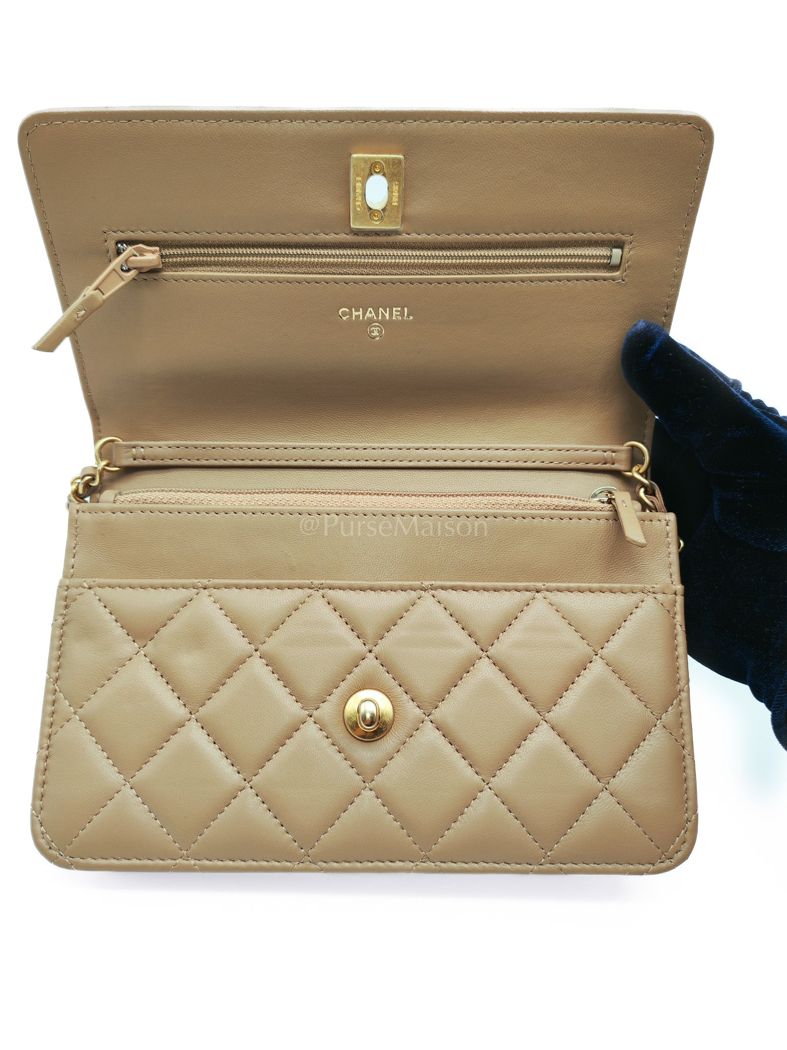 Wallet On Chain(Adjustable Strap) in Dark Beige Lambskin Aged Gold Hardware (Microchip) | Purse Maison Luxury Bags Shop