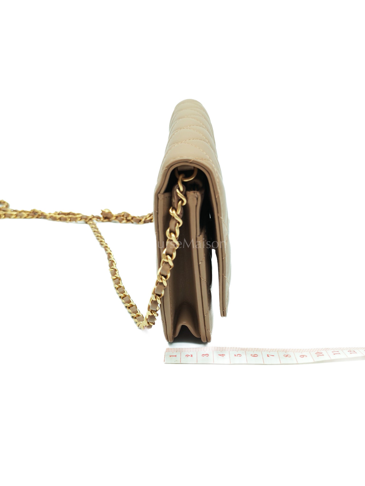 Wallet On Chain(Adjustable Strap) in Dark Beige Lambskin Aged Gold Hardware (Microchip) | Purse Maison Luxury Bags Shop