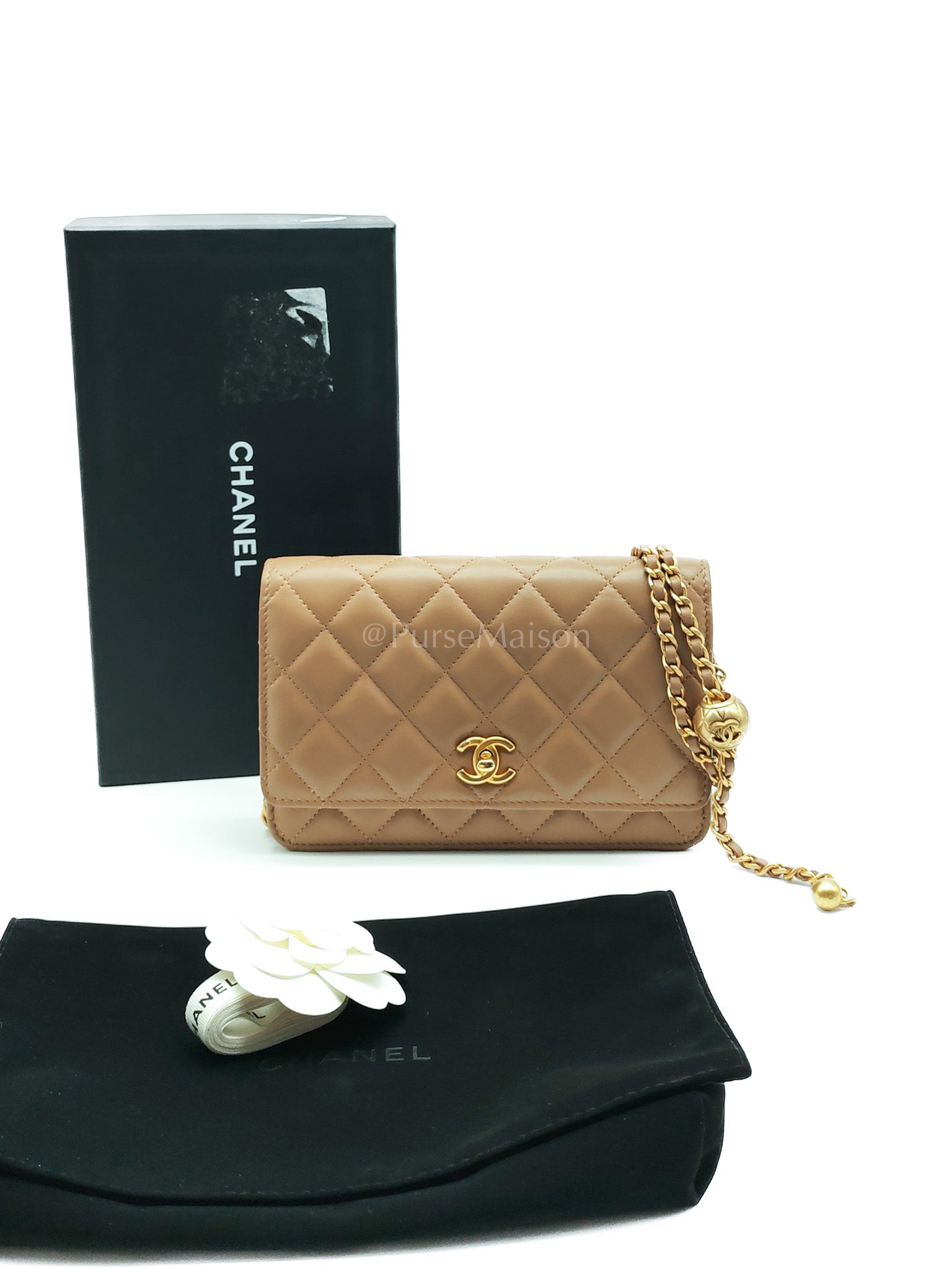 Wallet On Chain(Adjustable Strap) in Dark Beige Lambskin Aged Gold Hardware (Microchip) | Purse Maison Luxury Bags Shop