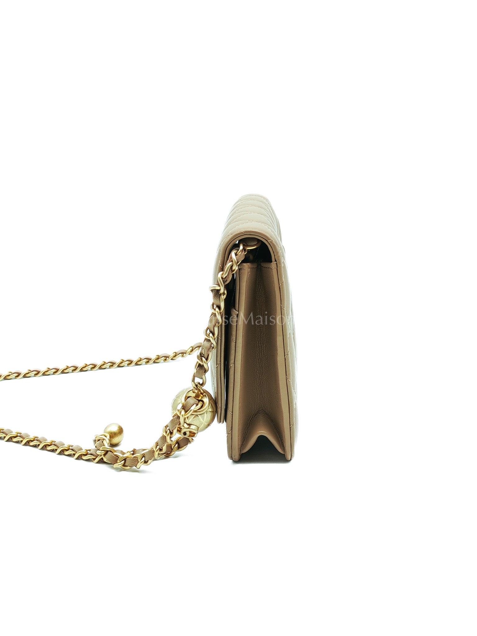 Wallet On Chain(Adjustable Strap) in Dark Beige Lambskin Aged Gold Hardware (Microchip) | Purse Maison Luxury Bags Shop