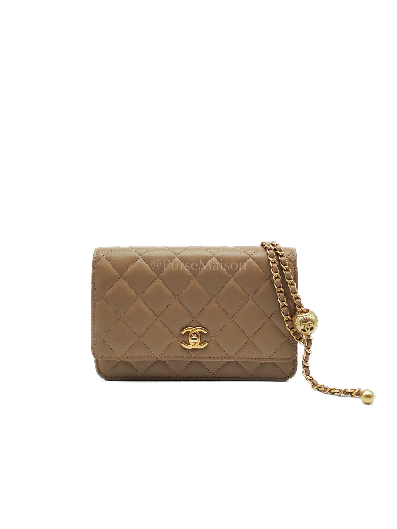 Wallet On Chain(Adjustable Strap) in Dark Beige Lambskin Aged Gold Hardware (Microchip) | Purse Maison Luxury Bags Shop